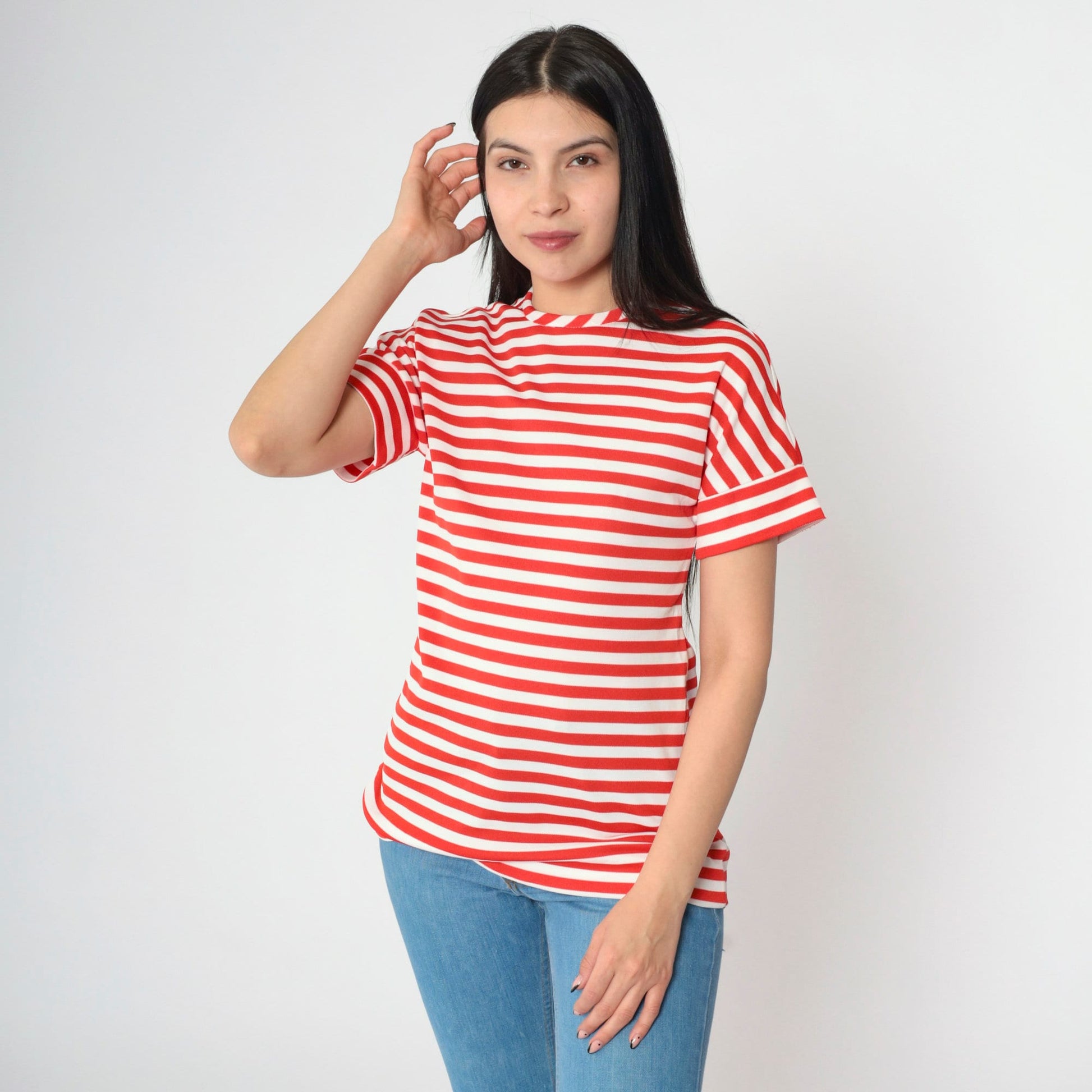 70s Jonathan Logan Striped Blouse Red White Short Sleeve Rear Zip Small