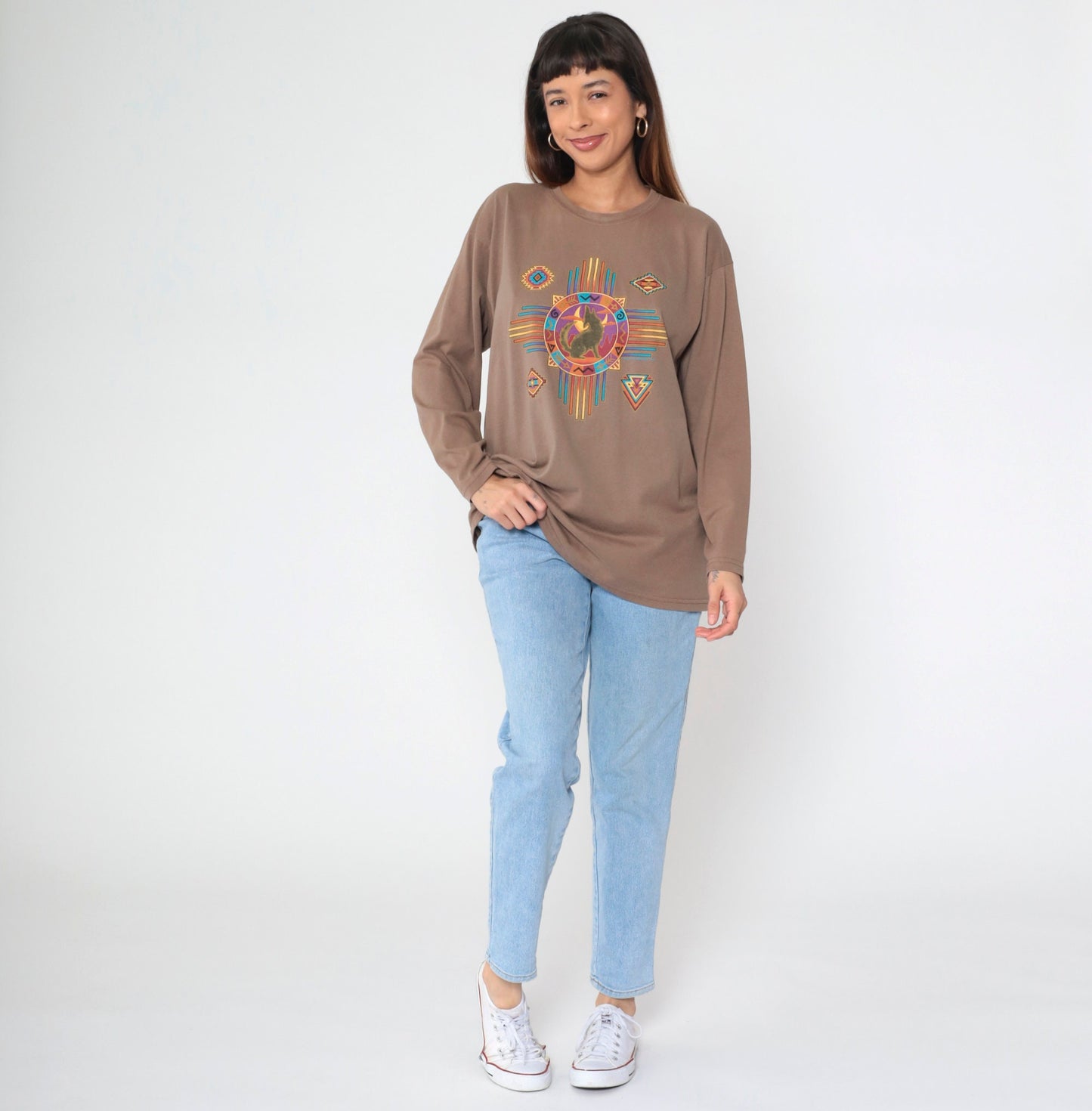 90s Southwestern Coyote Moon Graphic Long Sleeve T Shirt Brown Large