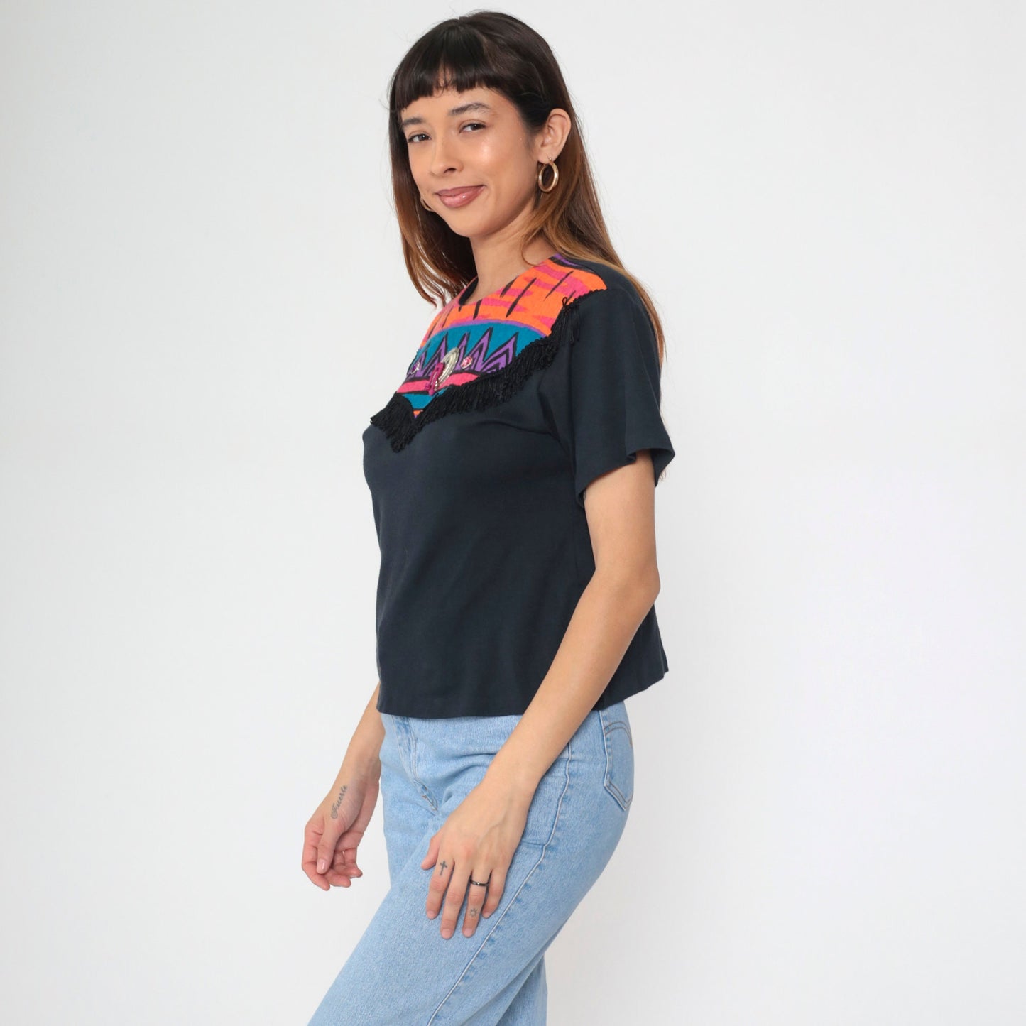 90s Southwest Fringe T-Shirt Black Rhinestone Yoke Small