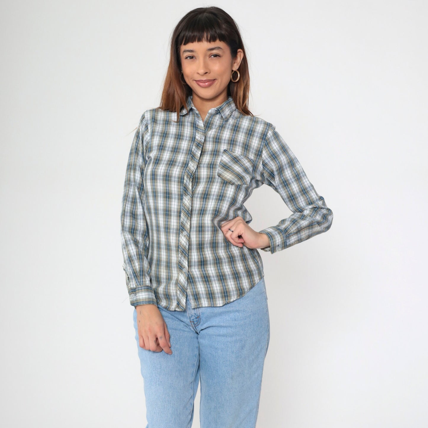 70s/80s Plaid Cotton Button-Up Blouse White Blue Yellow Checkered Long Sleeve Medium