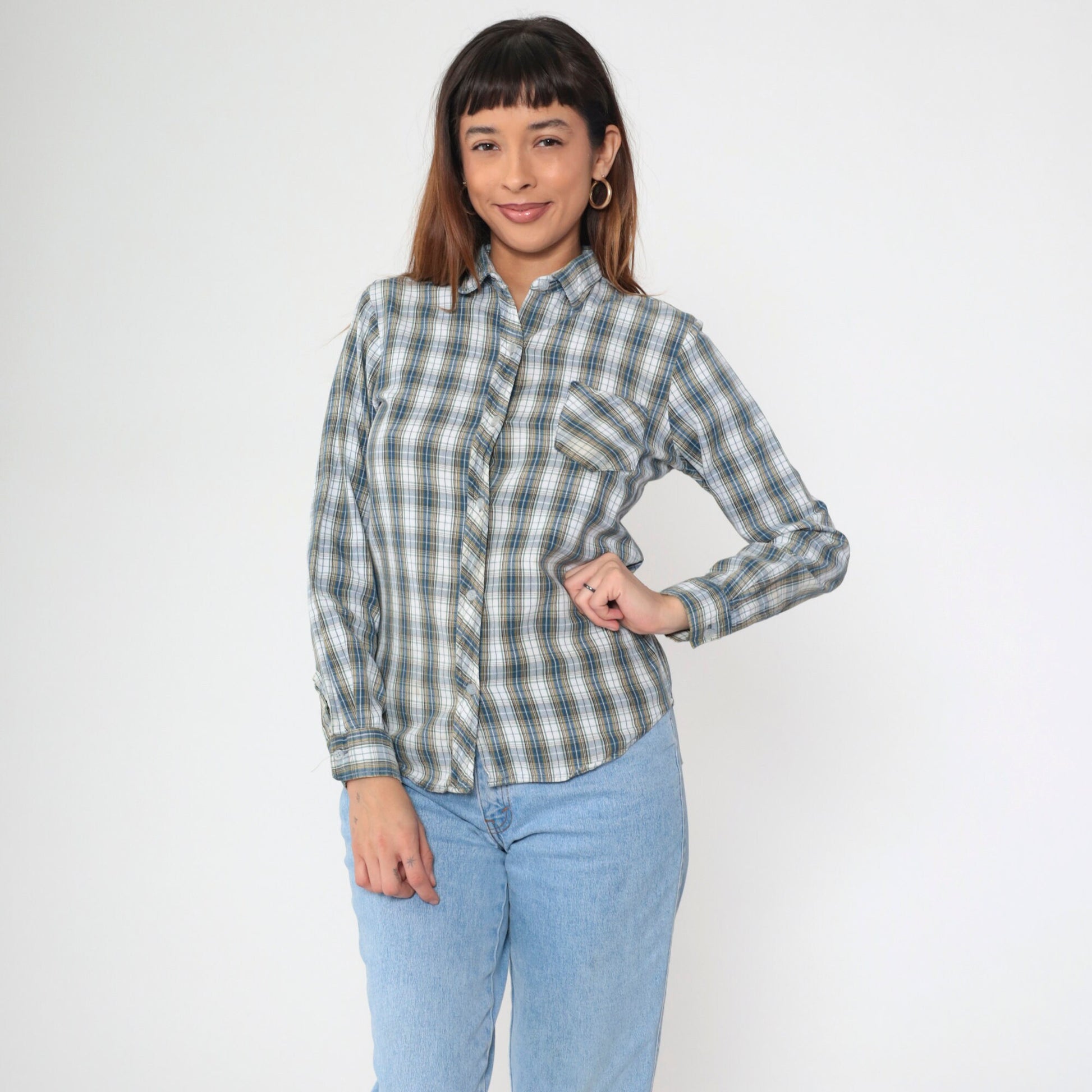 70s/80s Plaid Cotton Button-Up Blouse White Blue Yellow Checkered Long Sleeve Medium