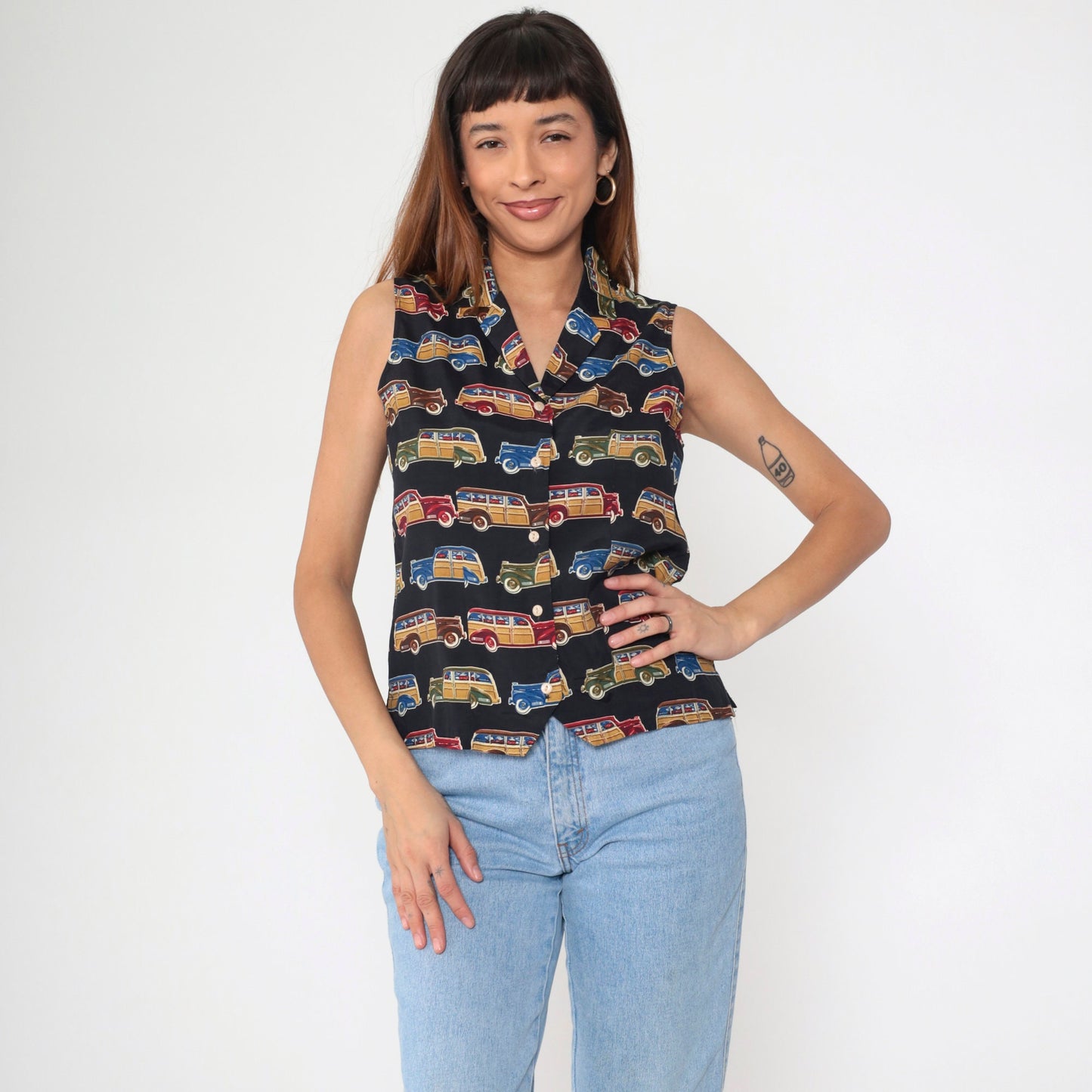 90s Classic Car Print Sleeveless Button-Up Blouse White Collar Small