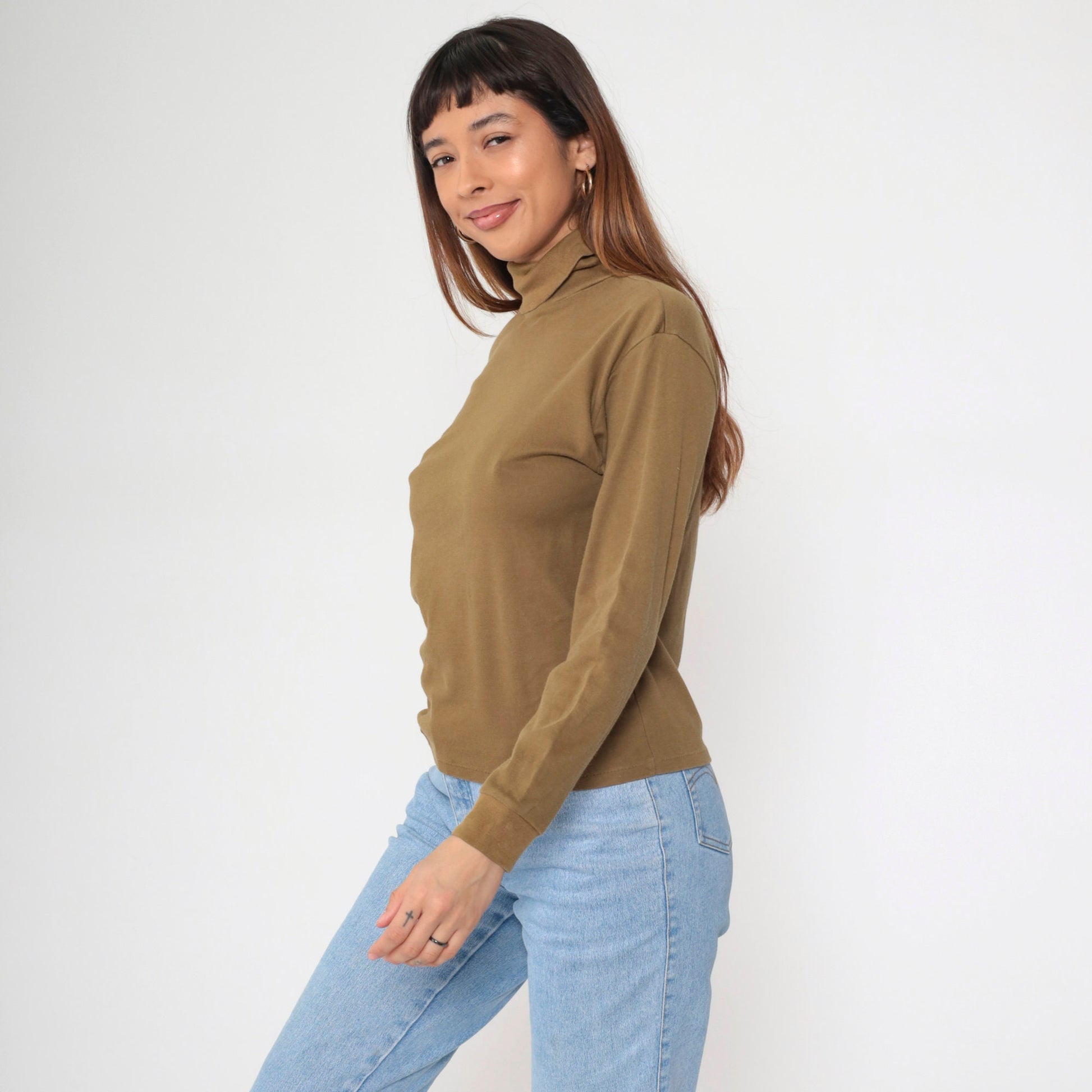 90s Brown Turtleneck Long Sleeve Shirt Cotton Blend Medium
