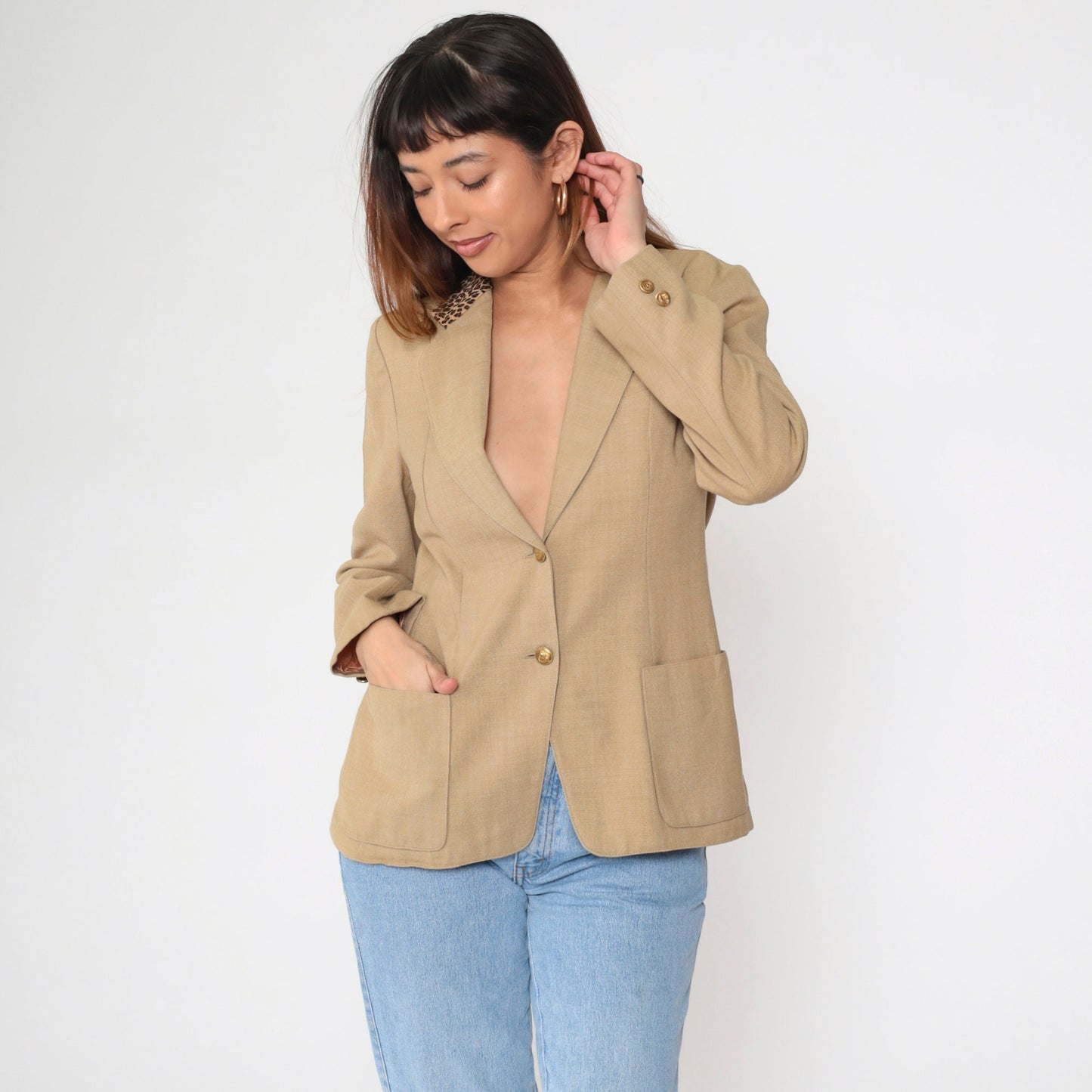 90s Tan Blazer Leopard Print Collar Deep V Neck Princess Seam Small S