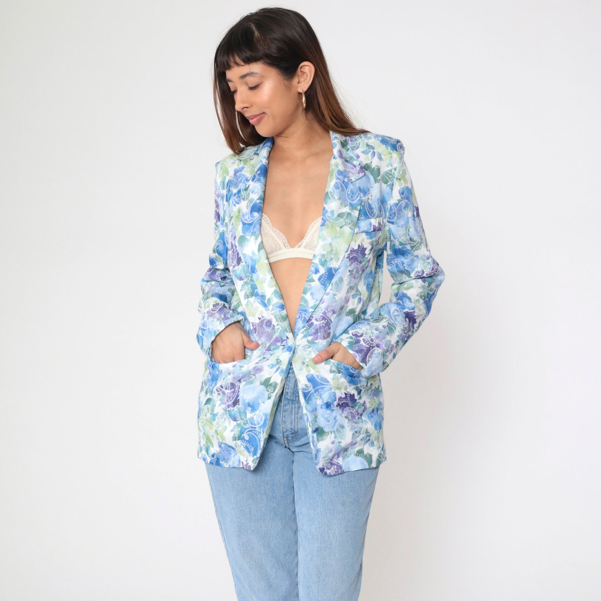 90s Floral Jacquard Blazer Blue Green Paisley Notch Lapel Medium