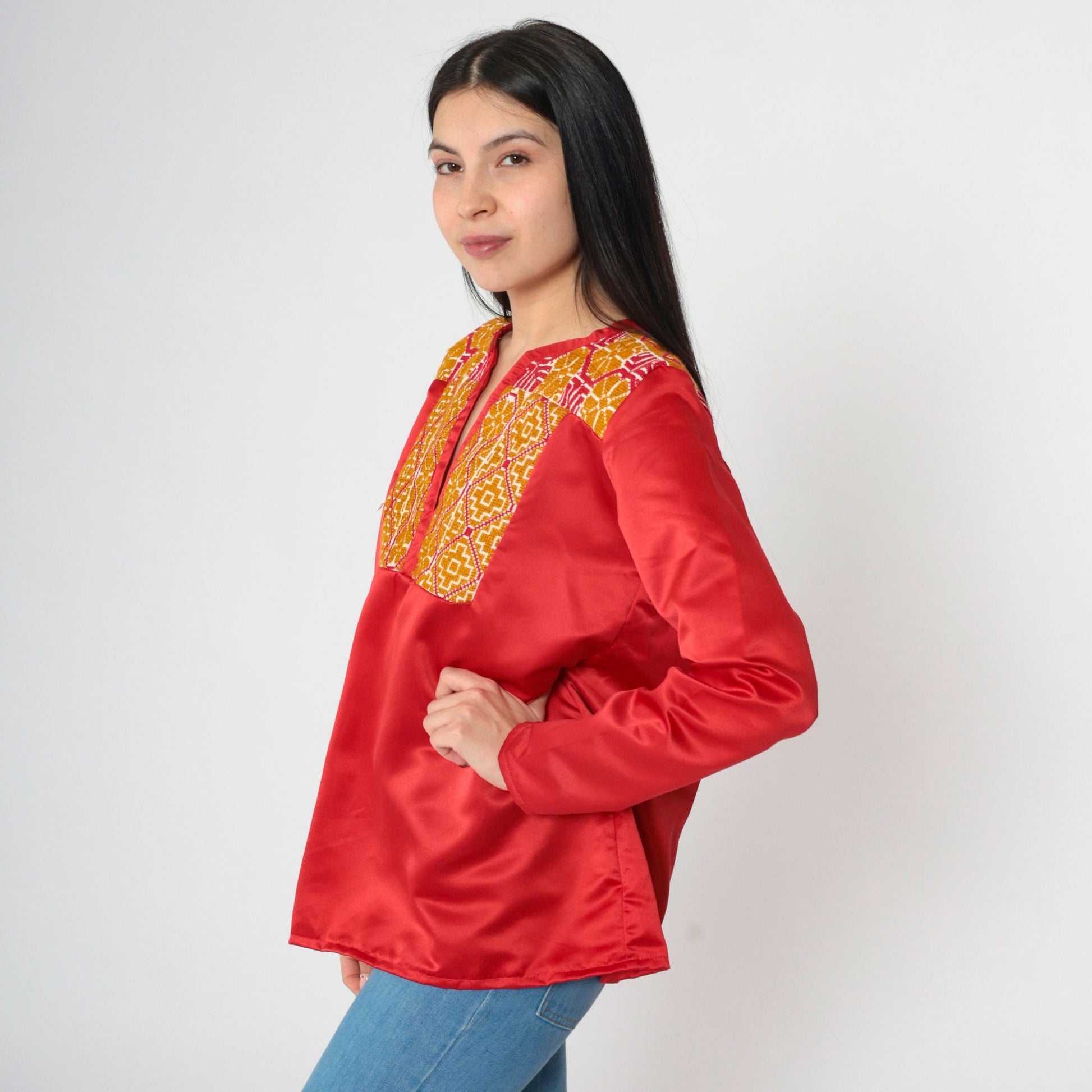 70s Red Satin Tunic Top Floral Embroidered Yoke Long Sleeve Small