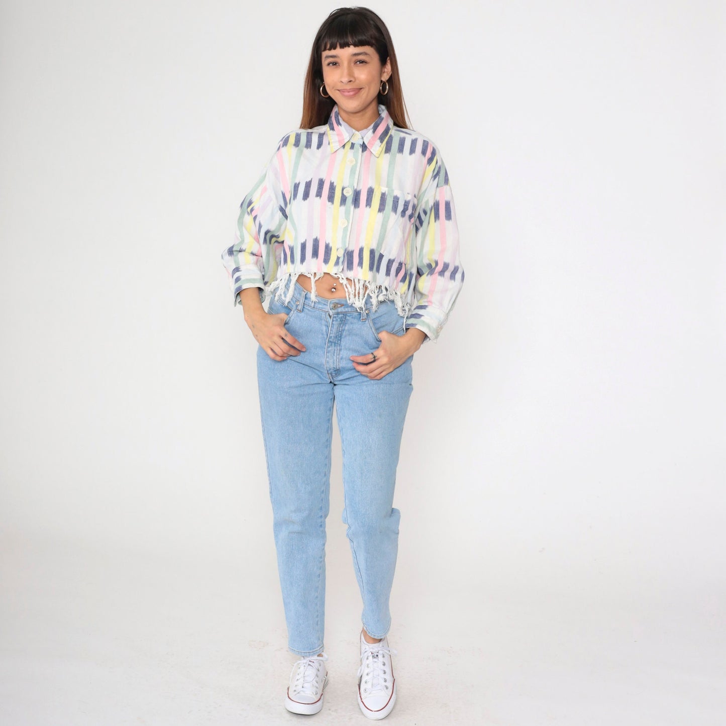 90s Ikat Striped Cotton Blouse Button-Up Long Sleeve Cropped White Small