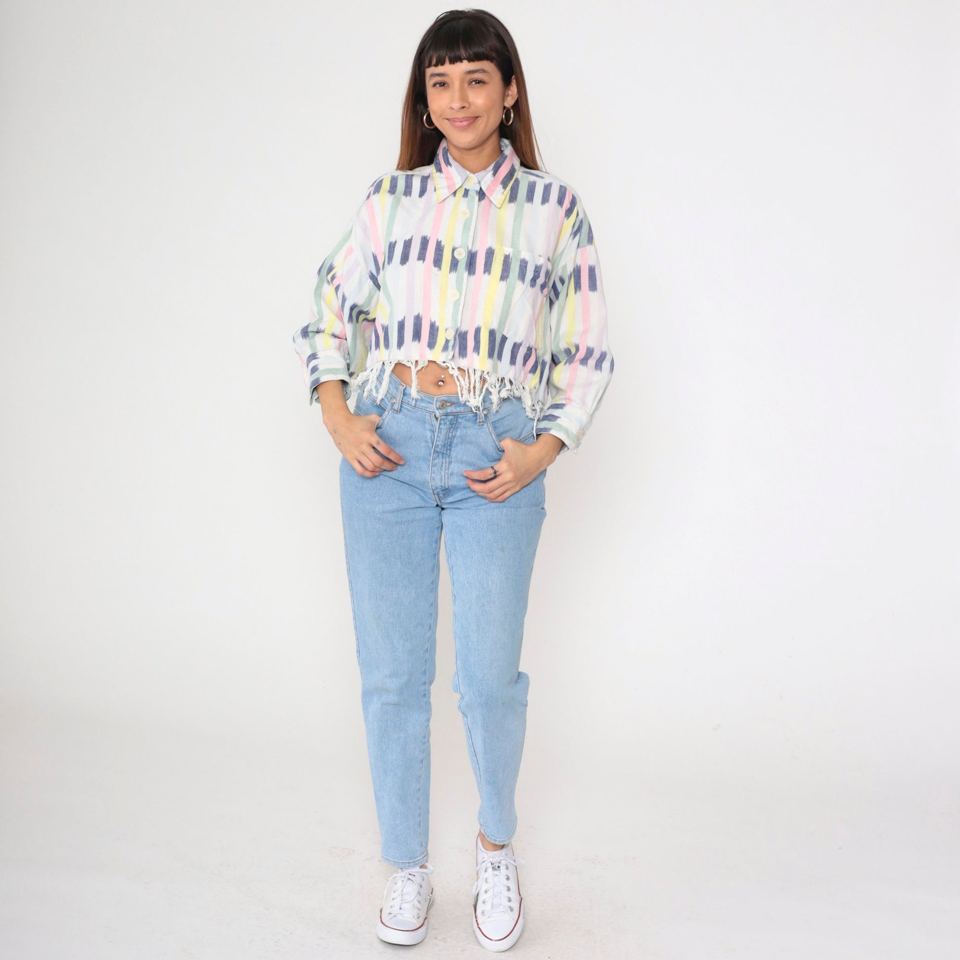 90s Ikat Striped Cotton Blouse Button-Up Long Sleeve Cropped White Small