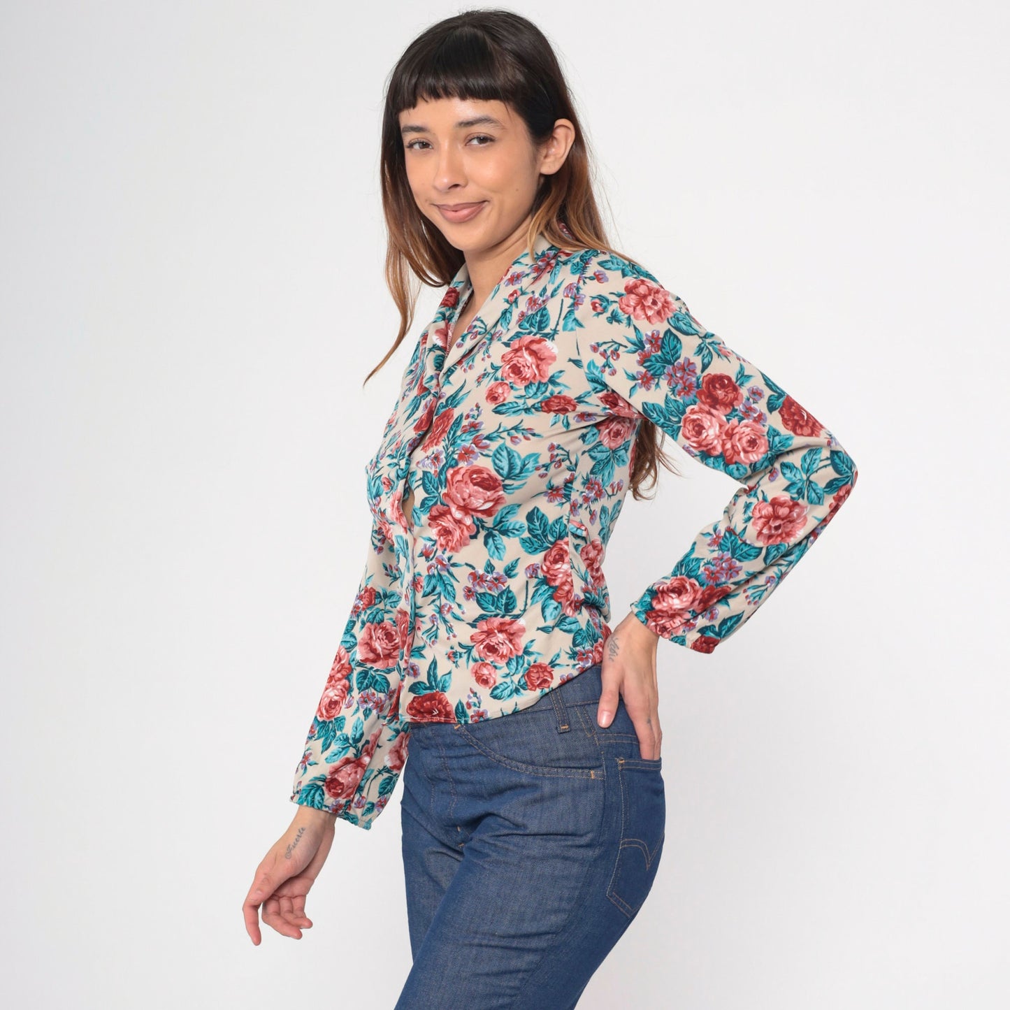 70s Floral Print Button-Up Blouse Taupe Pink Blue Long Sleeve Collar Medium