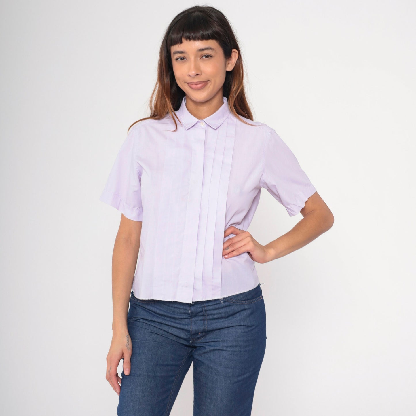 80s Lavender Pleated Button-Up Blouse Short Sleeve Cotton Blend Medium