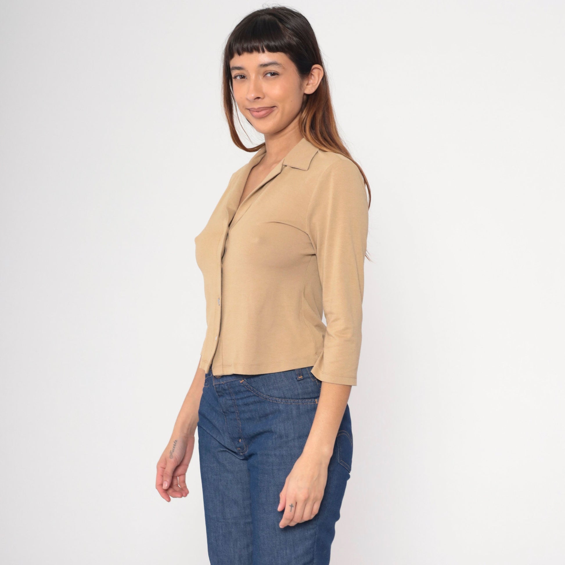 90s Tan Button-Up Blouse Collared 3/4 Sleeve Shirt Small S