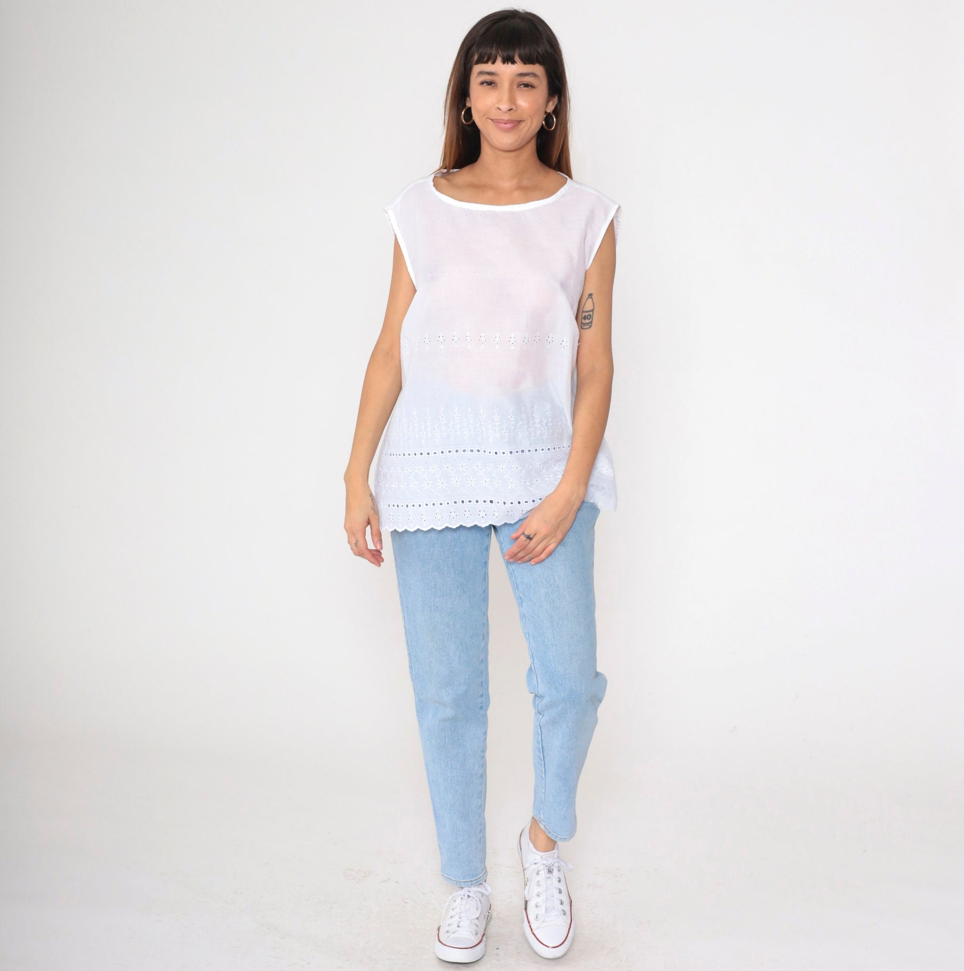 80s White Eyelet Lace Tank Top Floral Embroidered Sleeveless Tunic Large