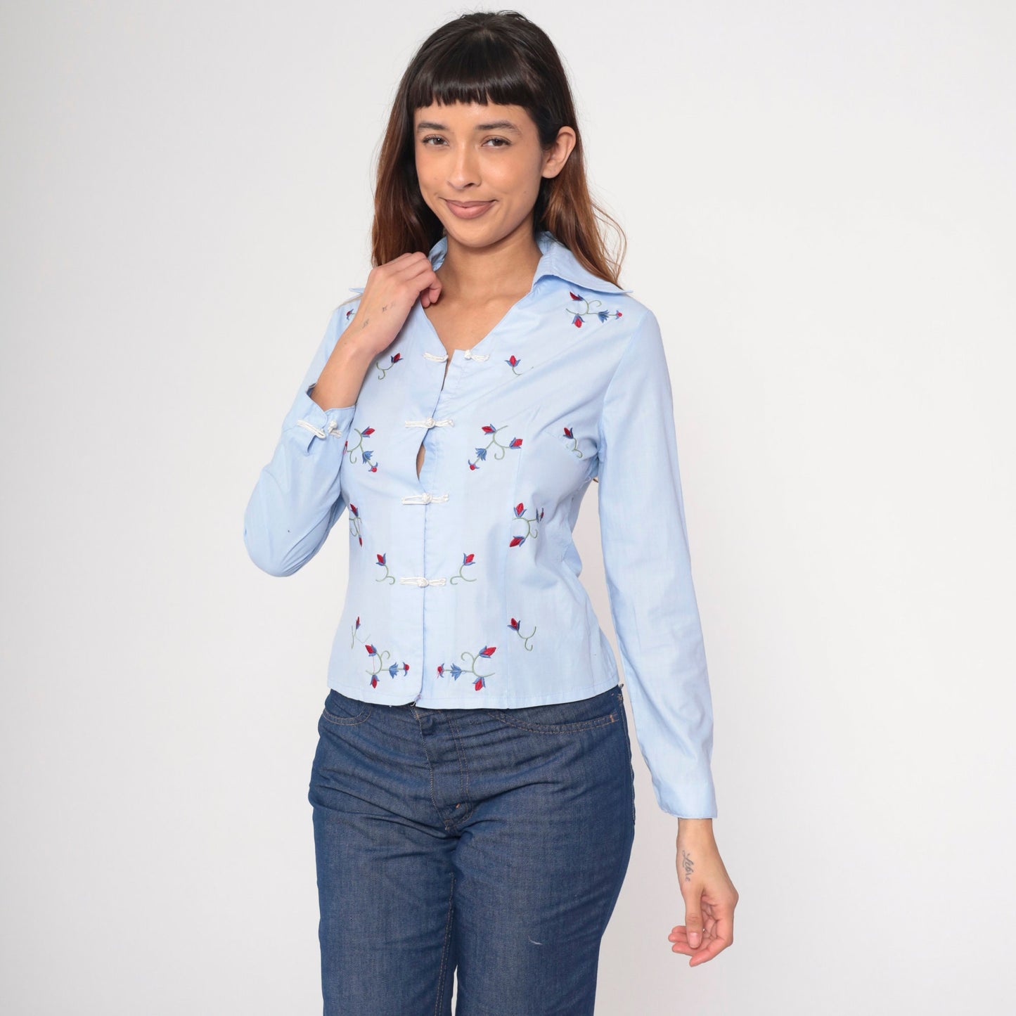 90s Light Blue Floral Embroidered Button-Up Blouse Chinese Knot Long Sleeve Small S