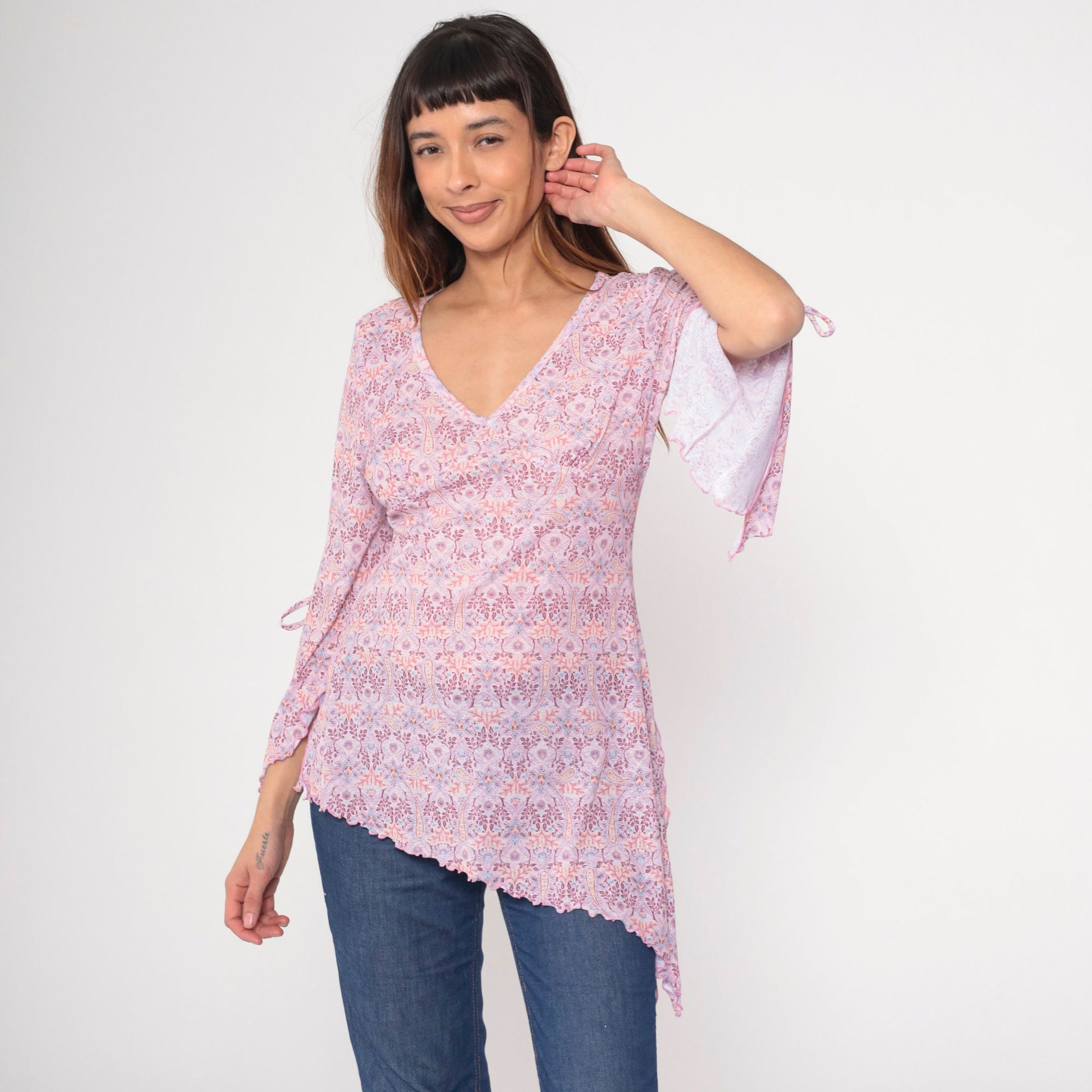 Y2K Paisley V-Neck Blouse Pink Bell Sleeve Asymmetrical Lettuce Edge Large L