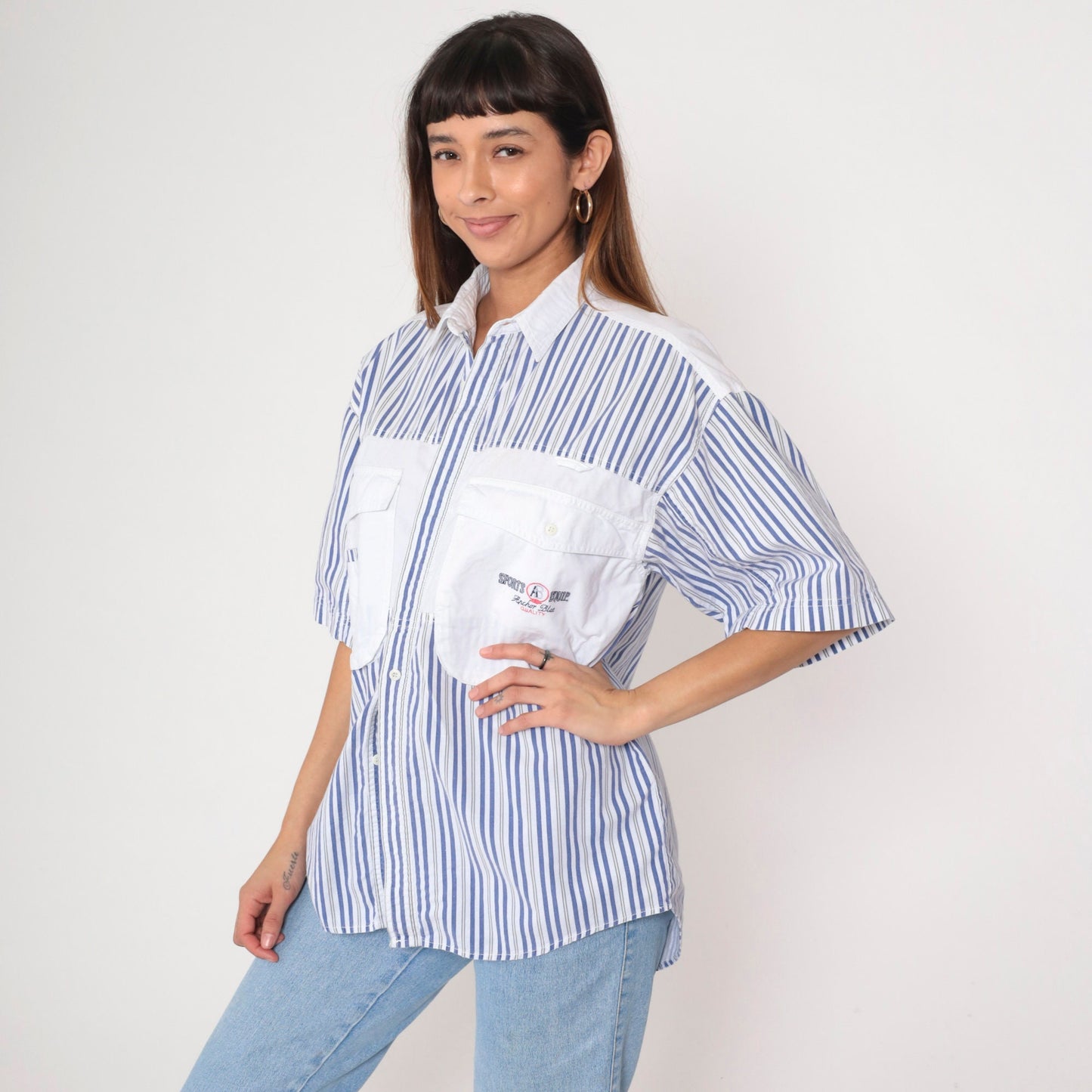 90s Anchor Blue Striped Cargo Shirt White Blue Cotton Button Up Medium
