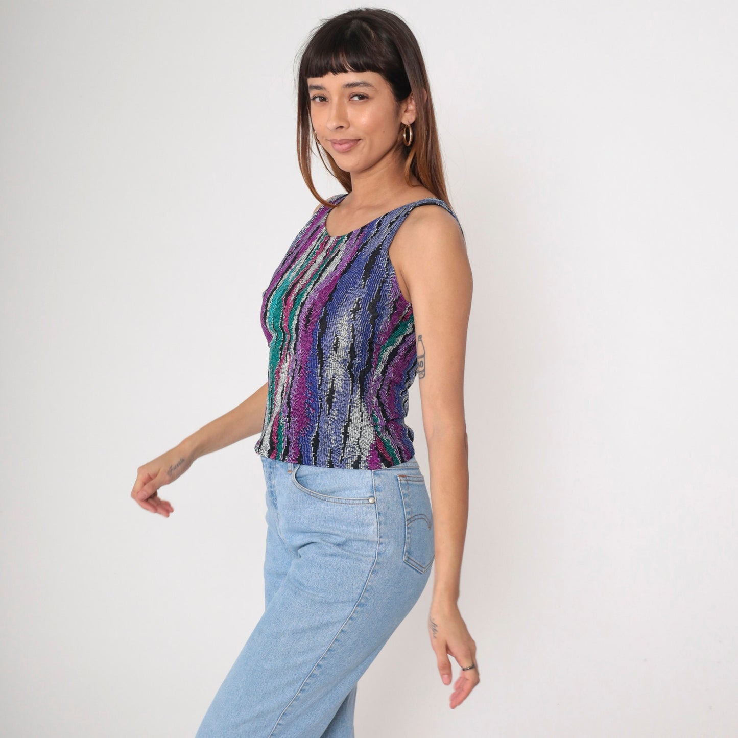 90s Abstract Print Tank Top Purple Turquoise Green Scoop Neck Small