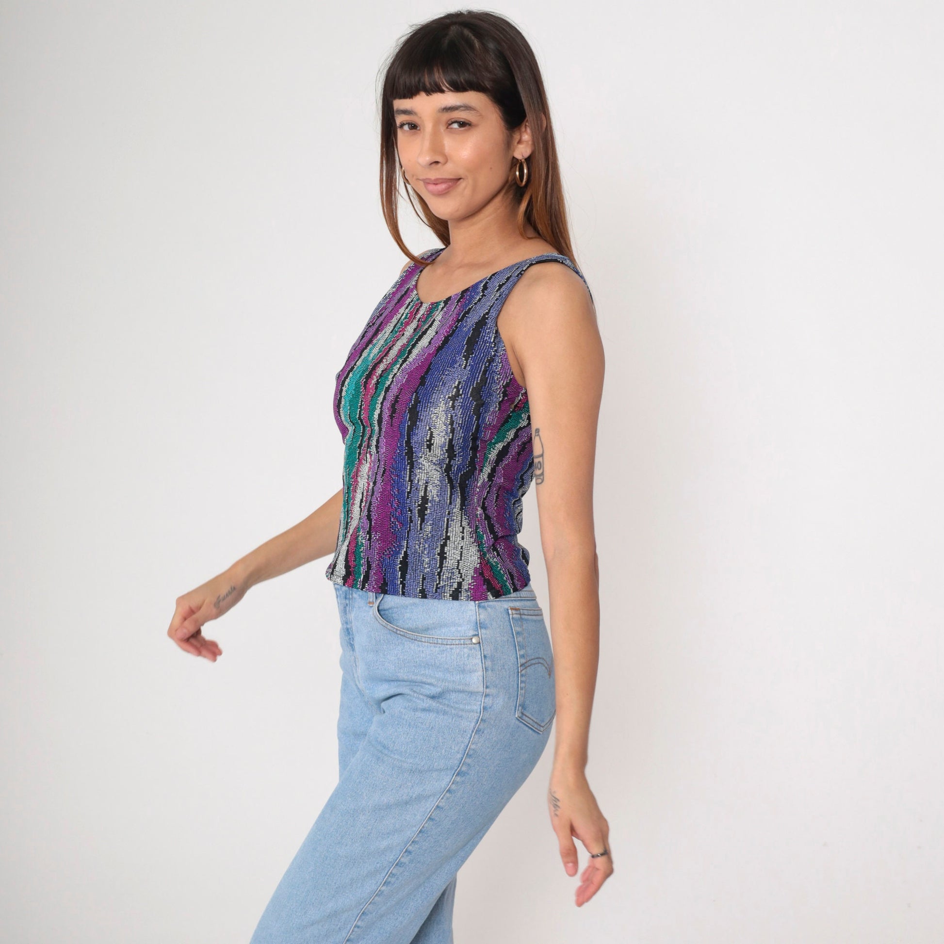 90s Abstract Print Tank Top Purple Turquoise Green Scoop Neck Small
