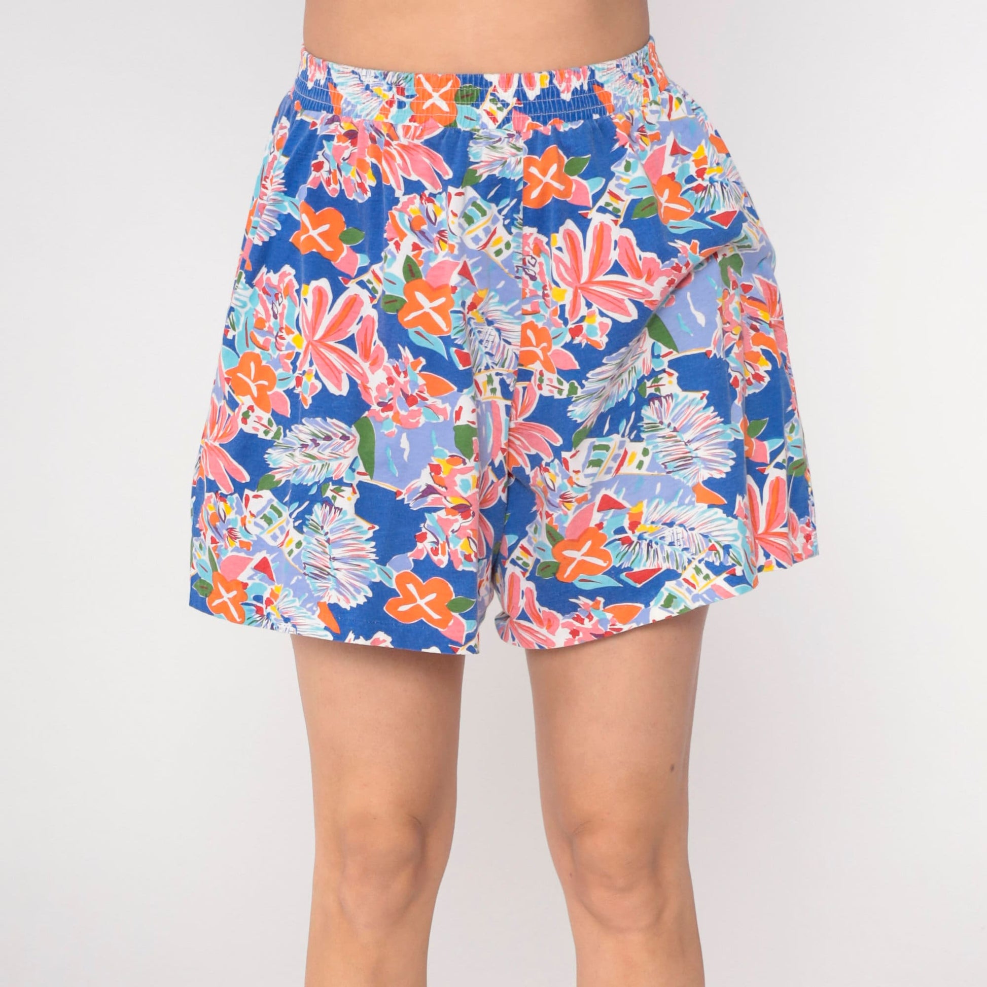 90s Tropical Floral Abstract Cotton Shorts High Waist Small Medium