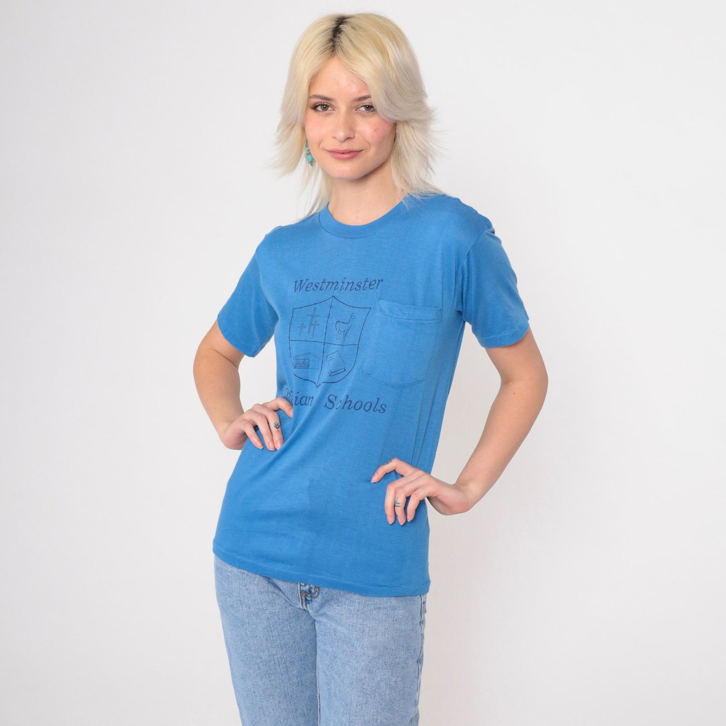 80s Westminster Christian Schools Logo T-Shirt Blue Graphic Tee Extra Small