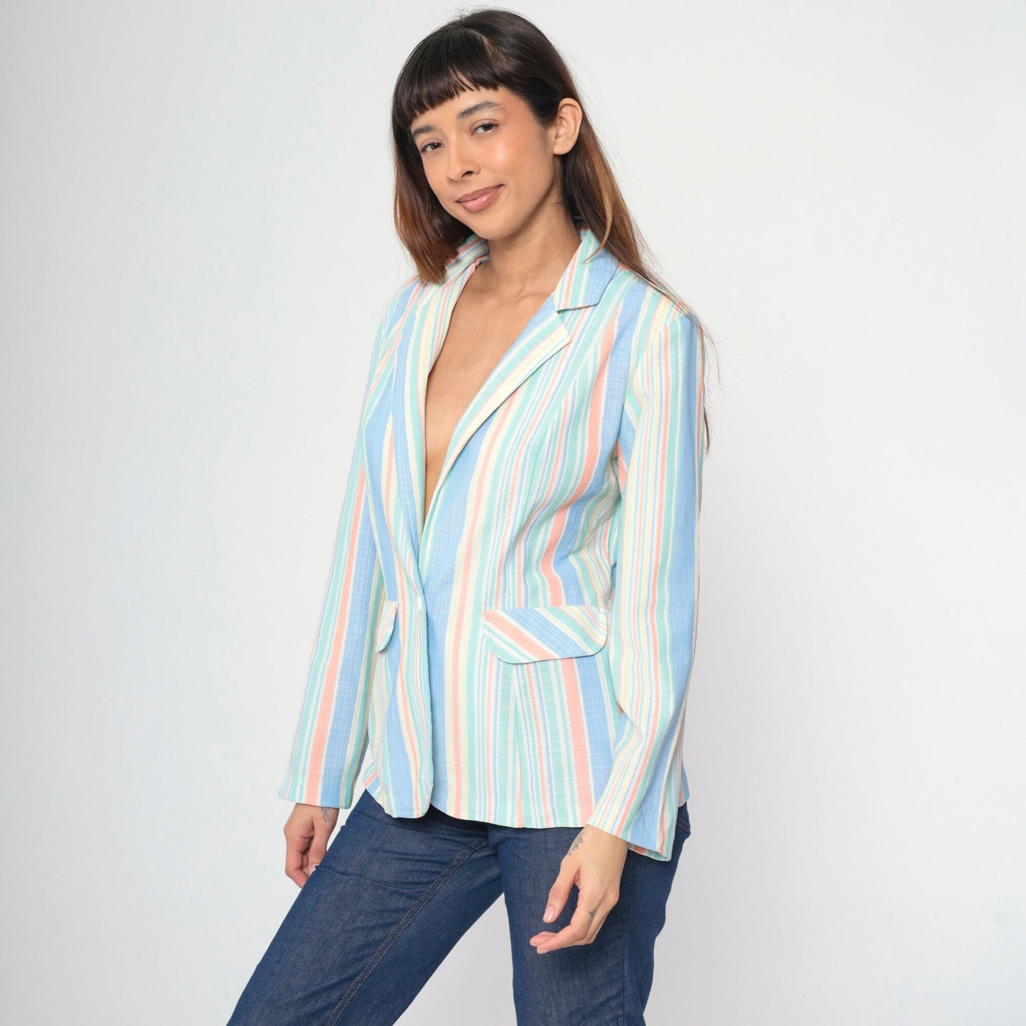 70s Beeline Fashions Pastel Striped Blazer Notched Collar Medium