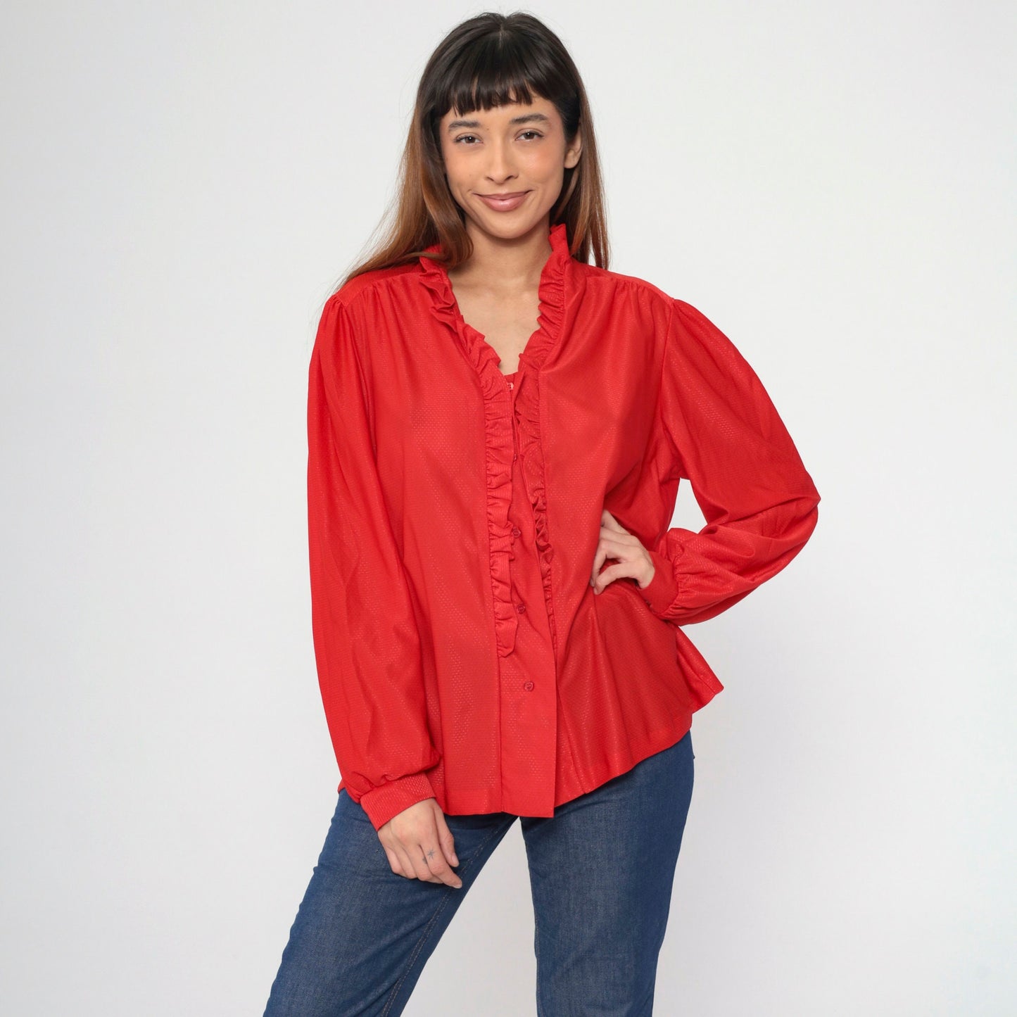 70s Red Puff Sleeve Button-Up Blouse Embossed Dots Ruffled Trim Large