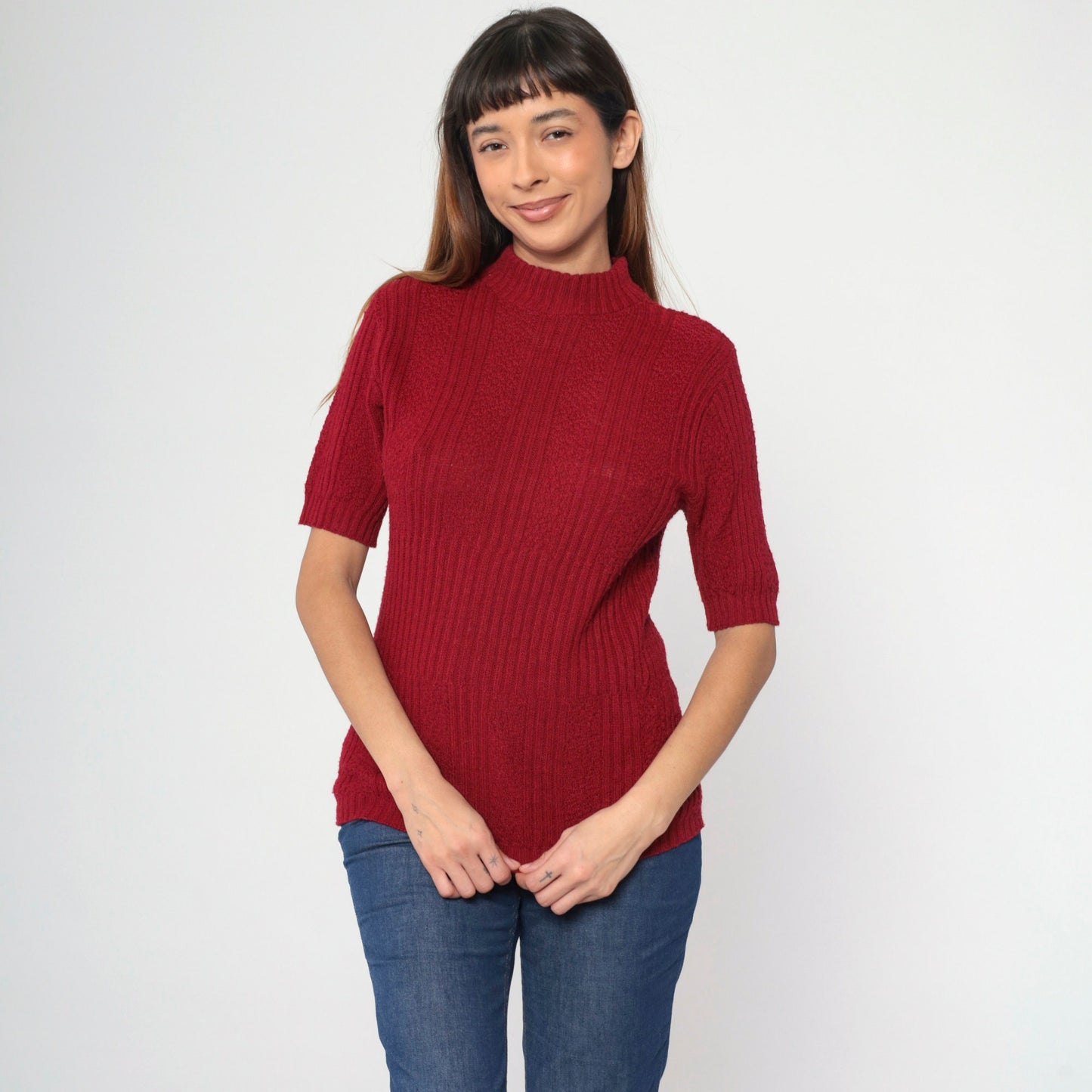 70s Burgundy Ribbed Knit Mock Neck Sweater Short Sleeve Small