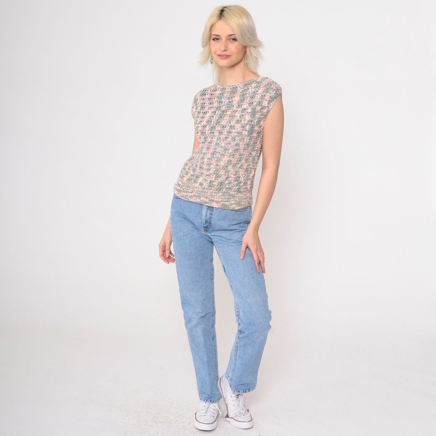 80s Openwork Crochet Sweater Top Ombre Pink Blue Cap Sleeve Extra Small