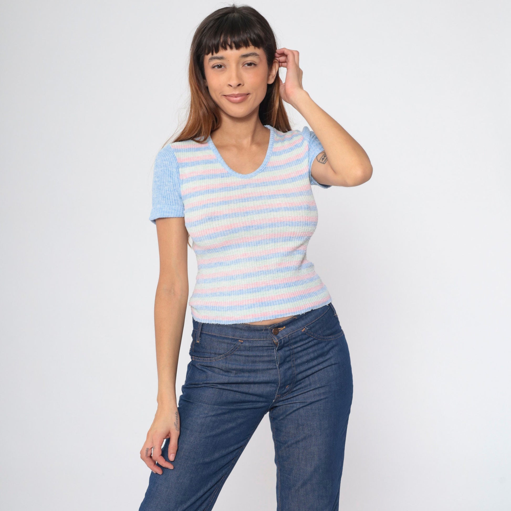 70s Striped Knit Top Pastel Blue Pink Green Ringer Short Sleeve Small