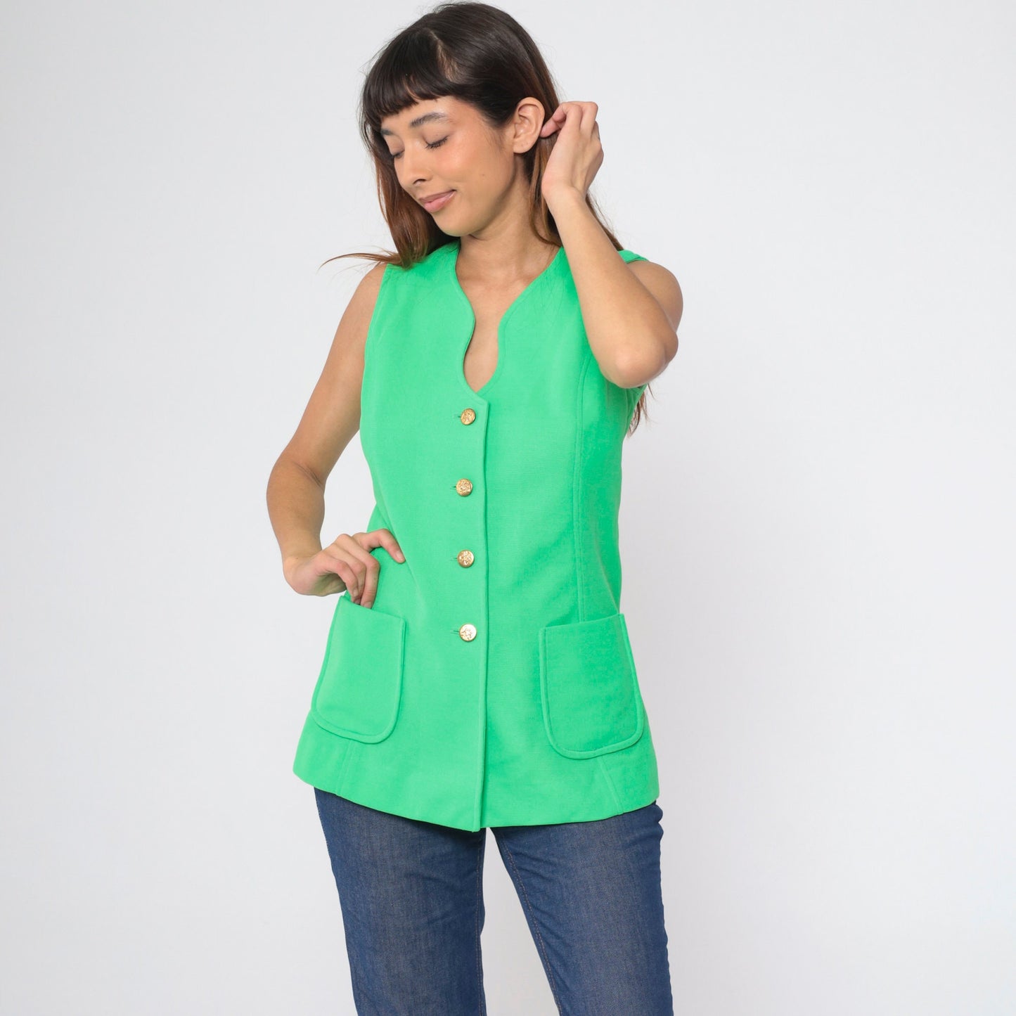 70s Lime Green Button-Up Tank Top Longline Pockets Small