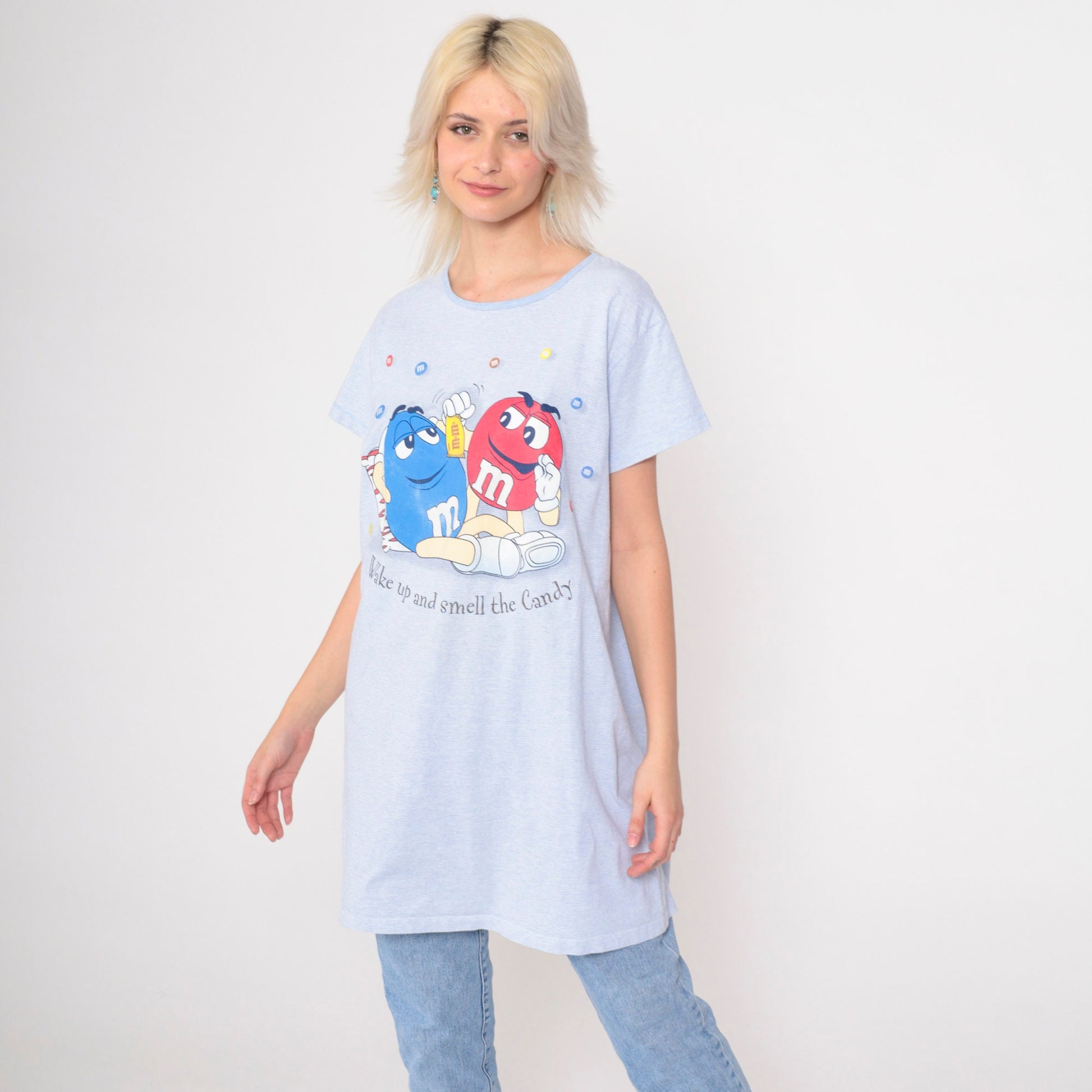 90s M&Ms T-Shirt Dress Blue Striped Graphic Pajama Dress Large XL