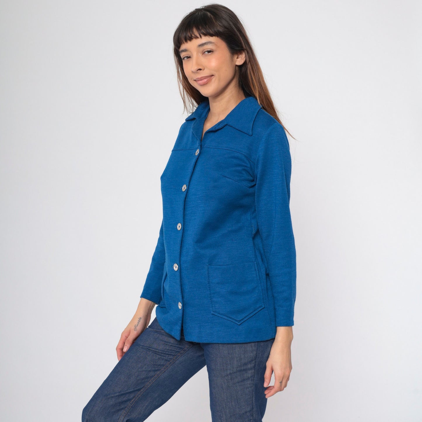 70s Berkshire Wool Blend Button-Up Blouse Dark Blue Pointed Collar Medium