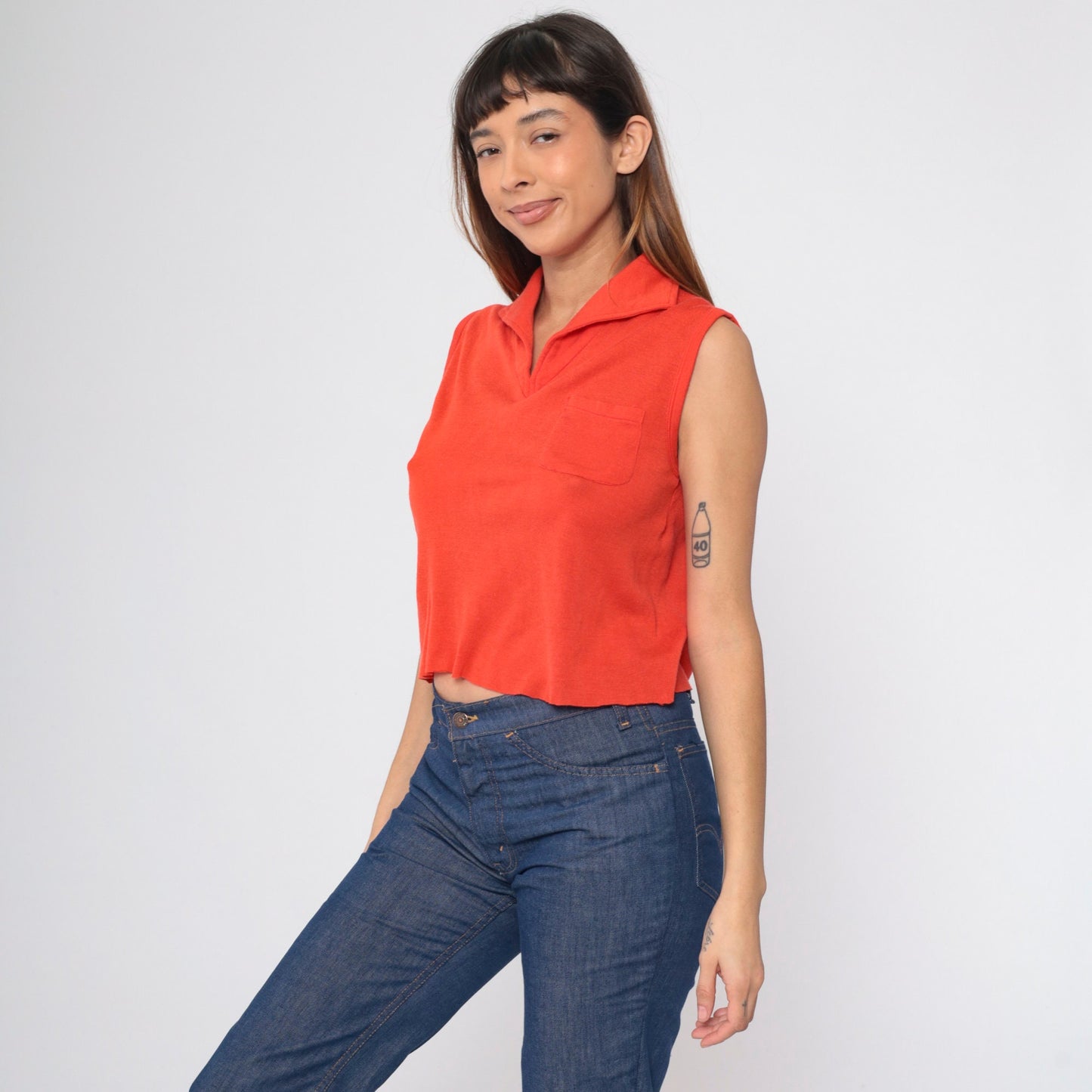 70s Crop Top Bright Red V-Neck Collared Sleeveless Shirt Small