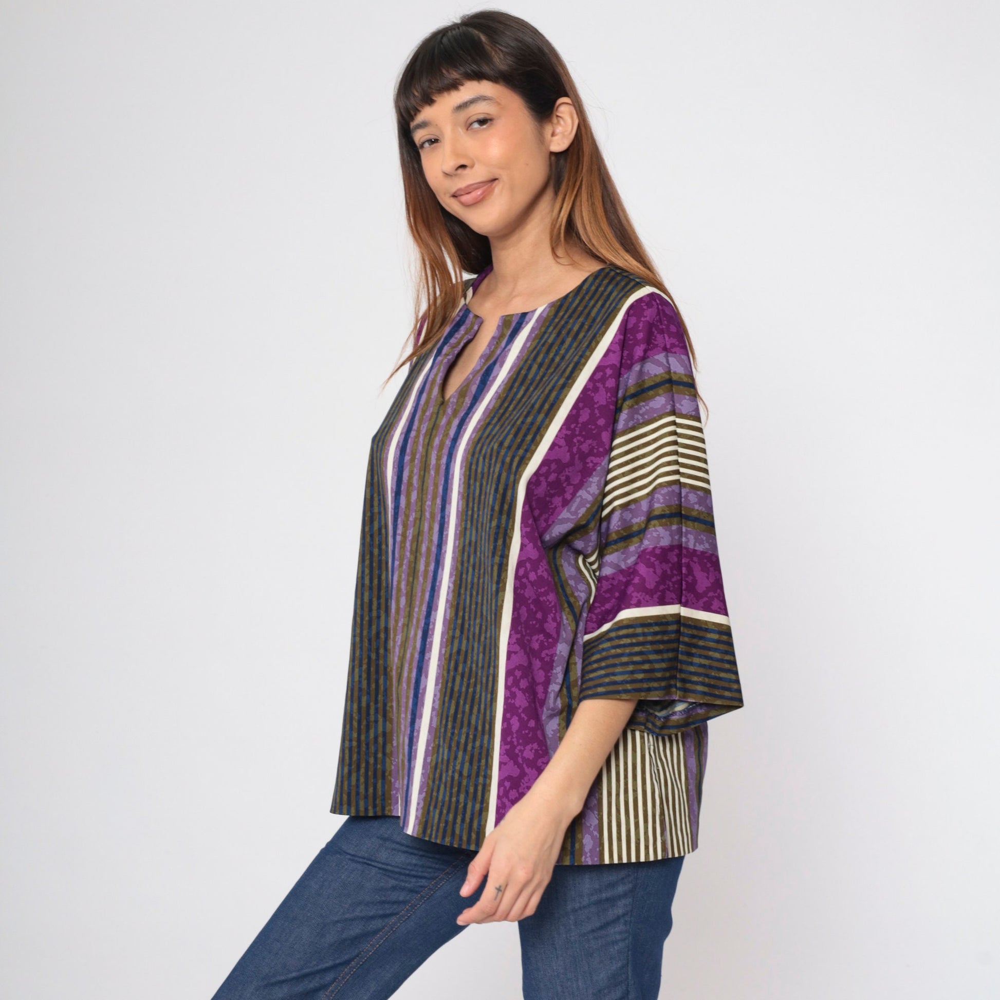 80s Top Notch Striped Tunic Purple Blue Olive 3/4 Sleeve Plus Size XXL