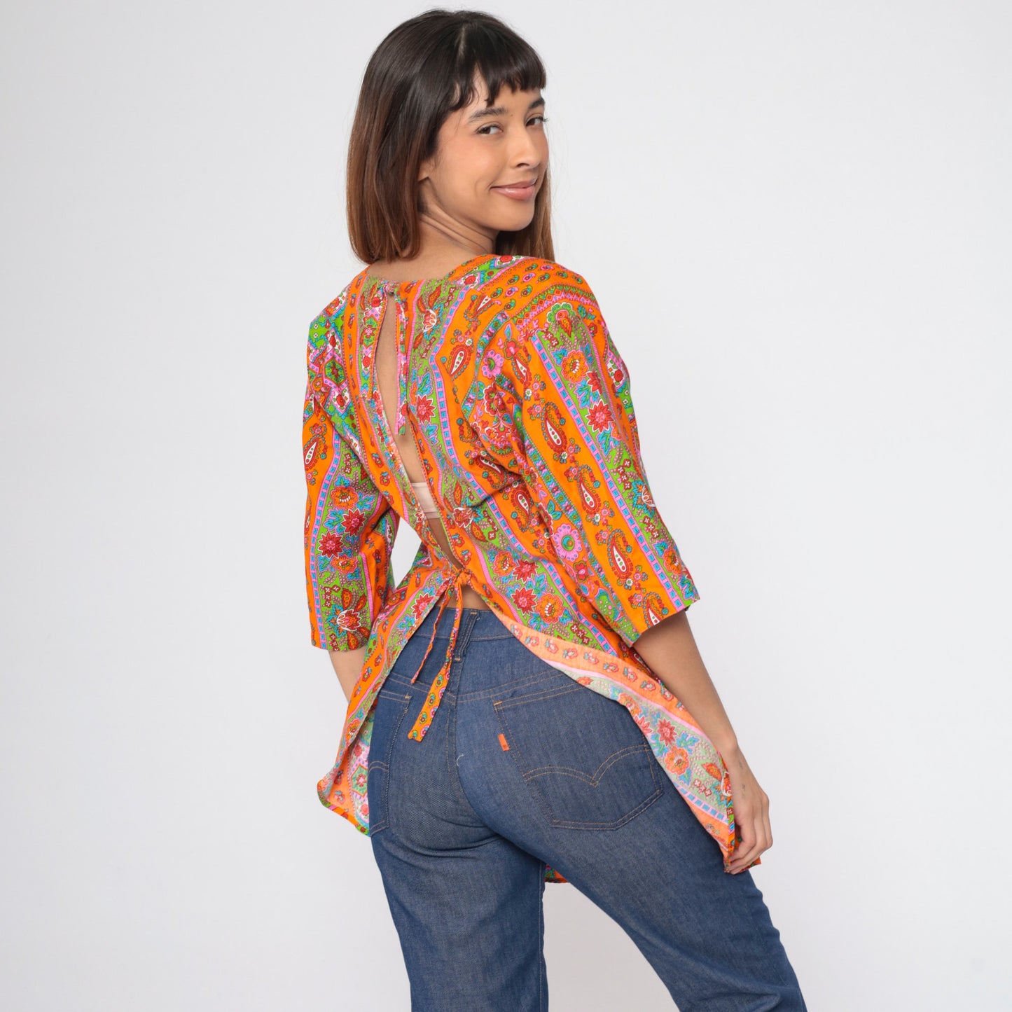 70s Floral Paisley Orange Apron Top Tie Back Tunic Small