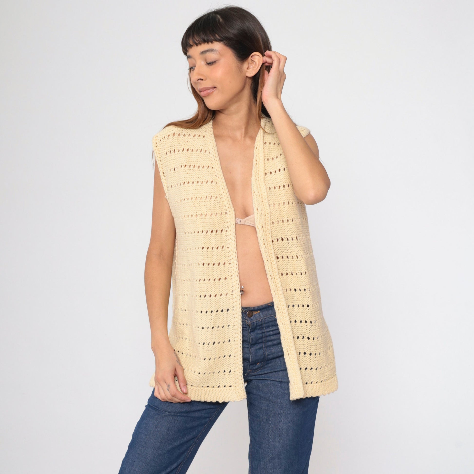 70s Cream Knit Vest Sleeveless V-Neck Sweater Tank Medium
