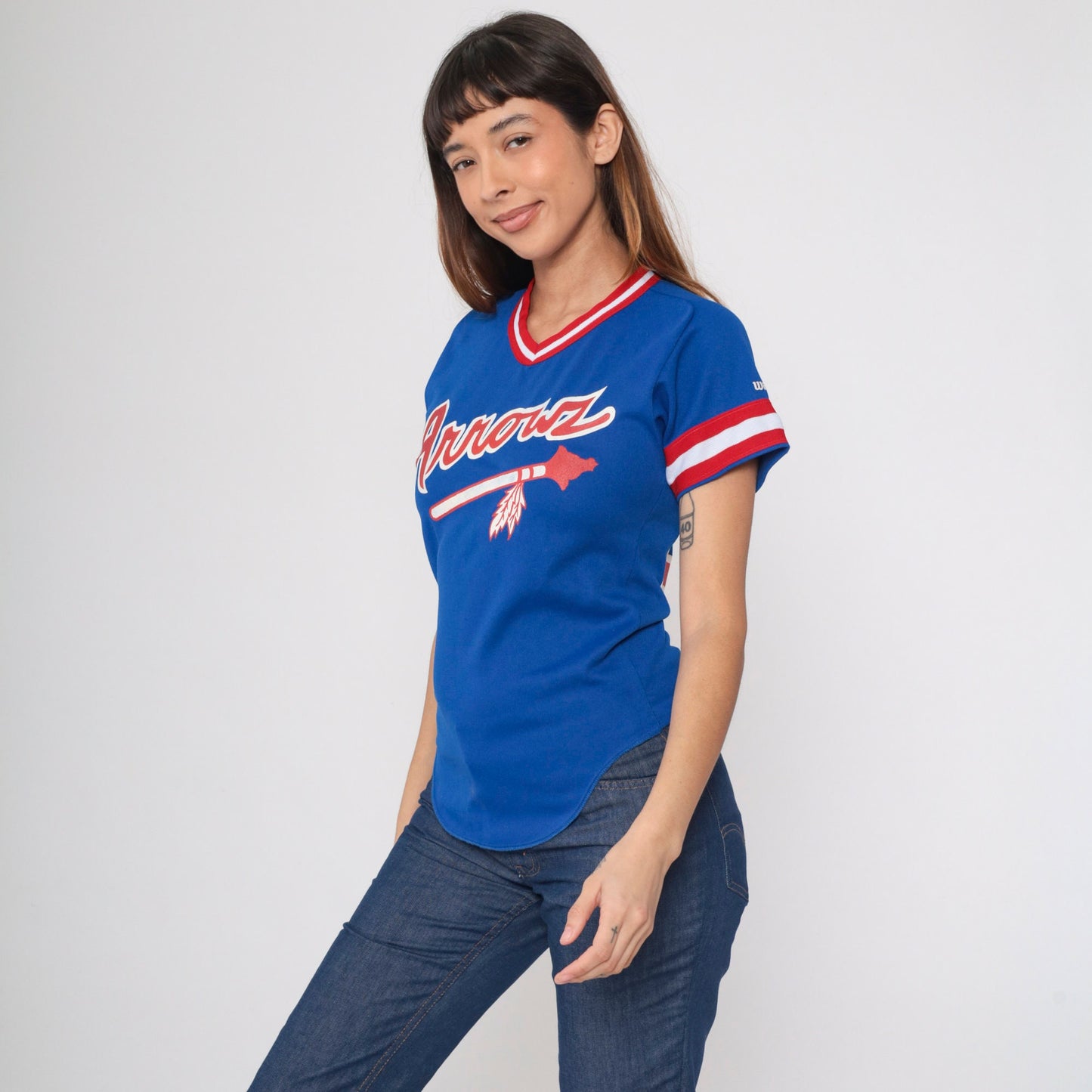 80s Wilson Arrows Baseball Jersey #24 Blue Red White Striped Ringer Youth Medium