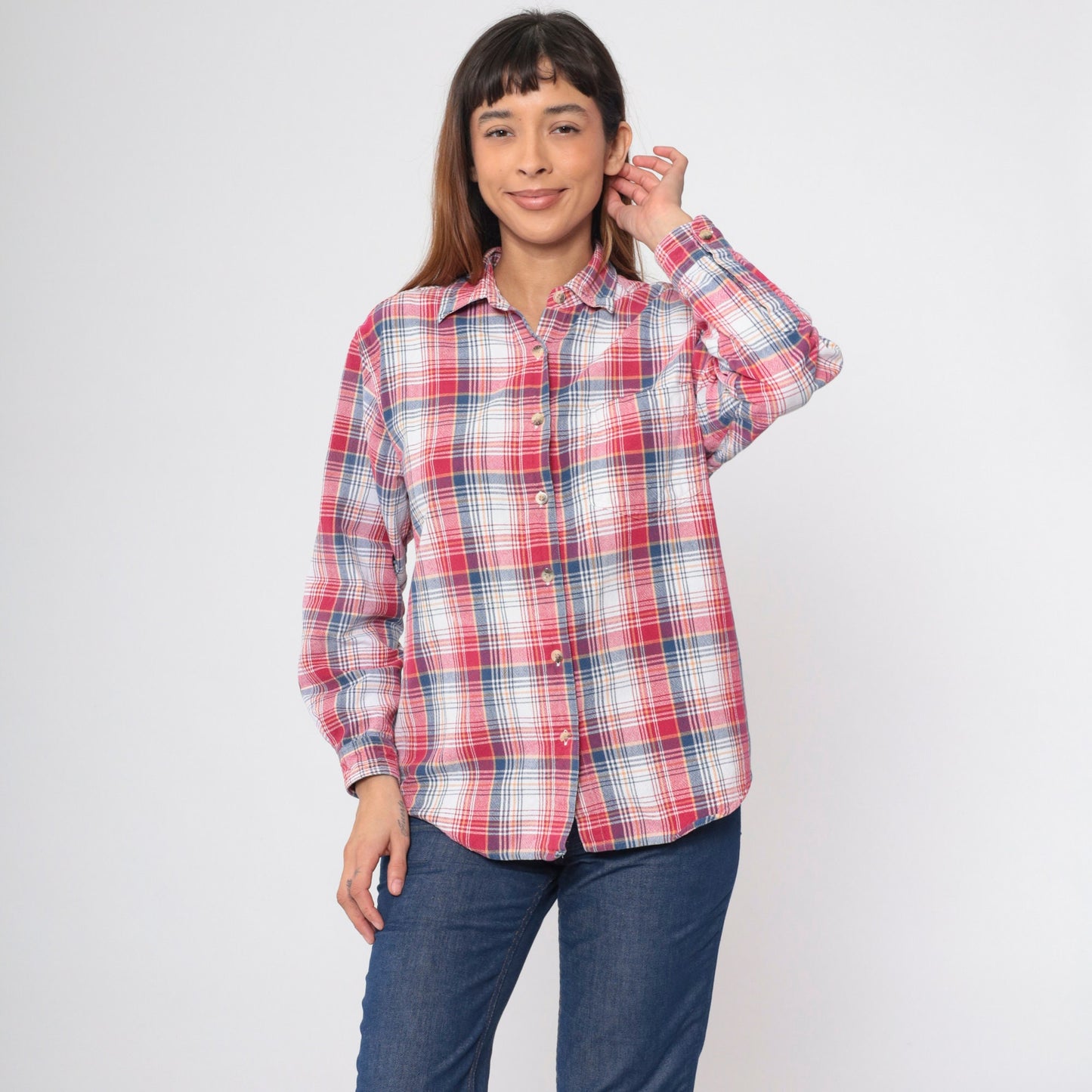 90s Plaid Button Up Shirt Red White Blue Checkered Long Sleeve Medium