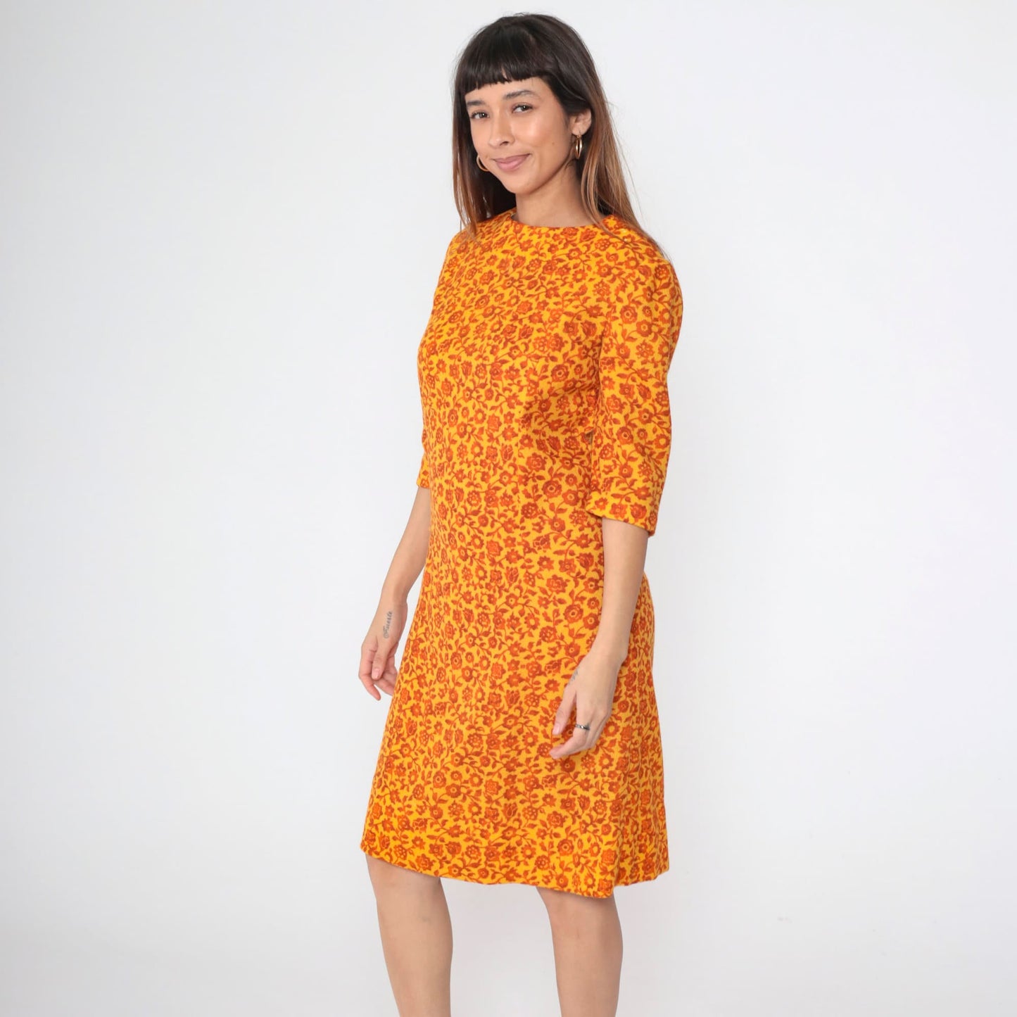 60s Floral Wool Shift Dress Yellow Orange Mod 3/4 Sleeve Small