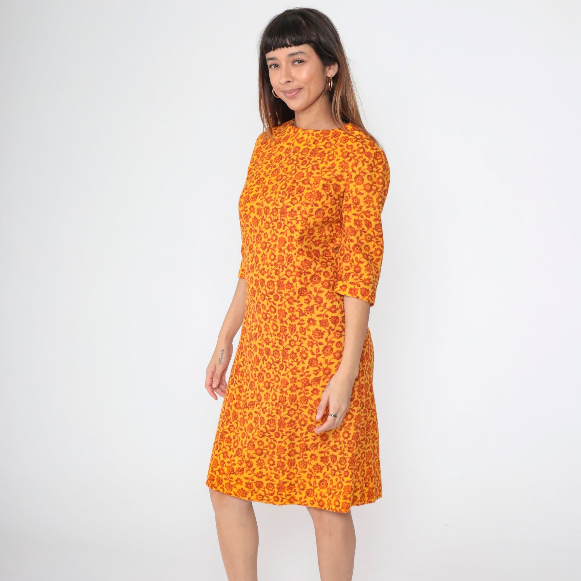 60s Floral Wool Shift Dress Yellow Orange Mod 3/4 Sleeve Small