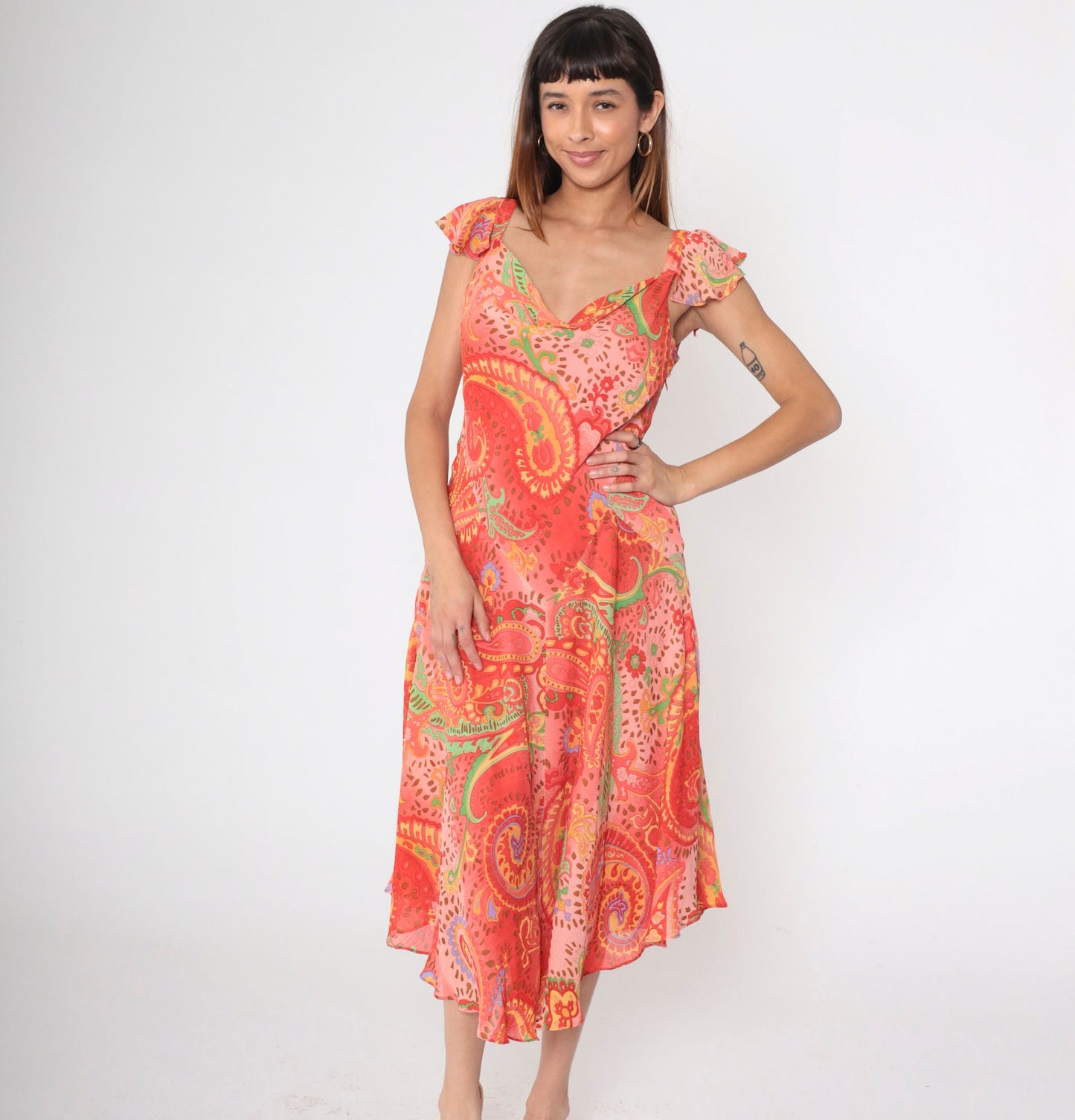 Y2K Paisley Midi Dress Coral Pink Flutter Sleeve Cowl Neck Large 14