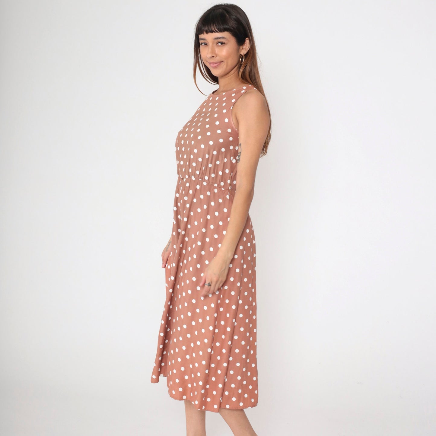80s My Michelle Mocha Polka Dot Midi Sundress High Waist Sleeveless Extra Small