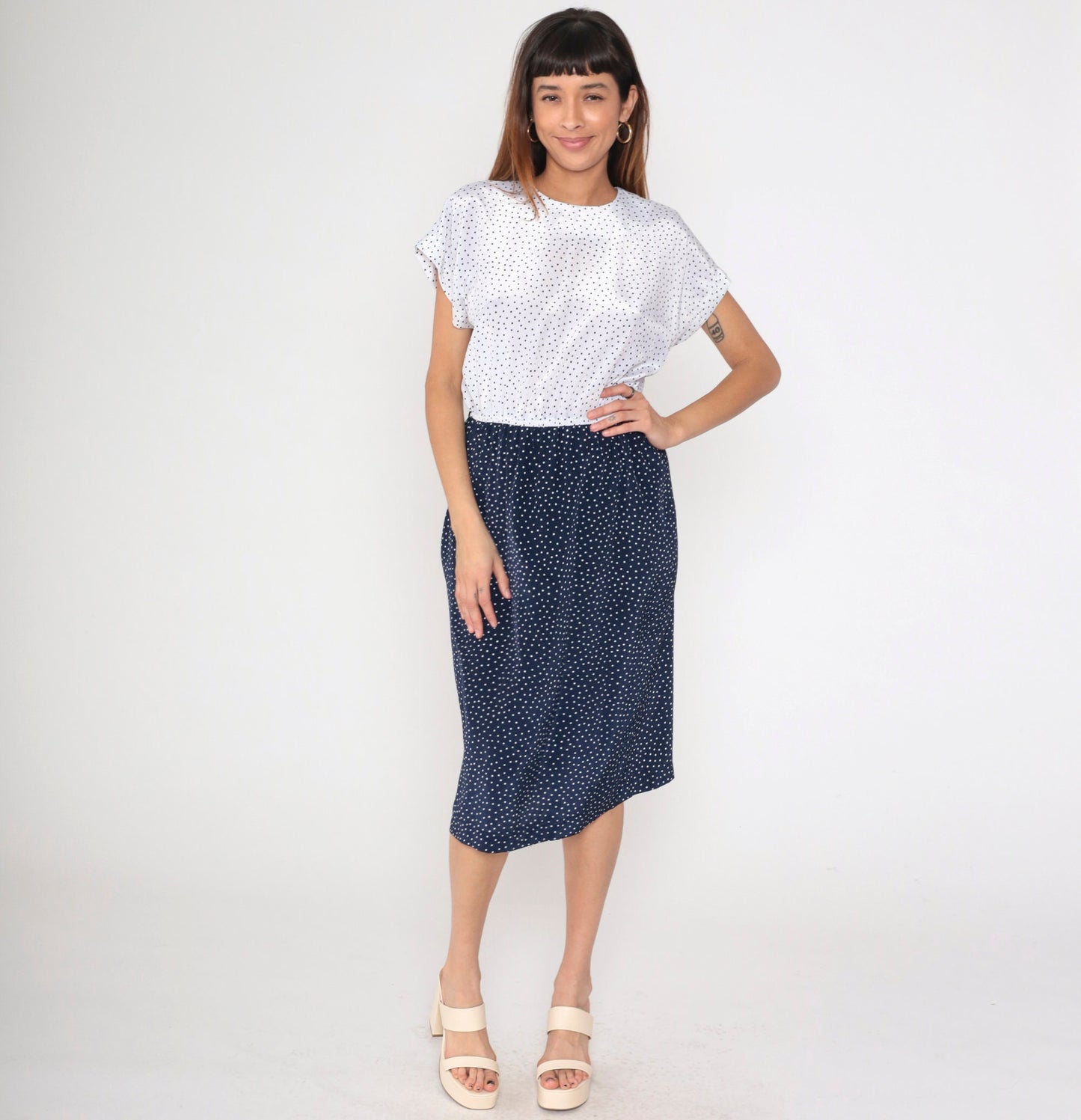 80s Leslie Fay Polka Dot Knee-Length Dress Navy White High-Waisted Medium