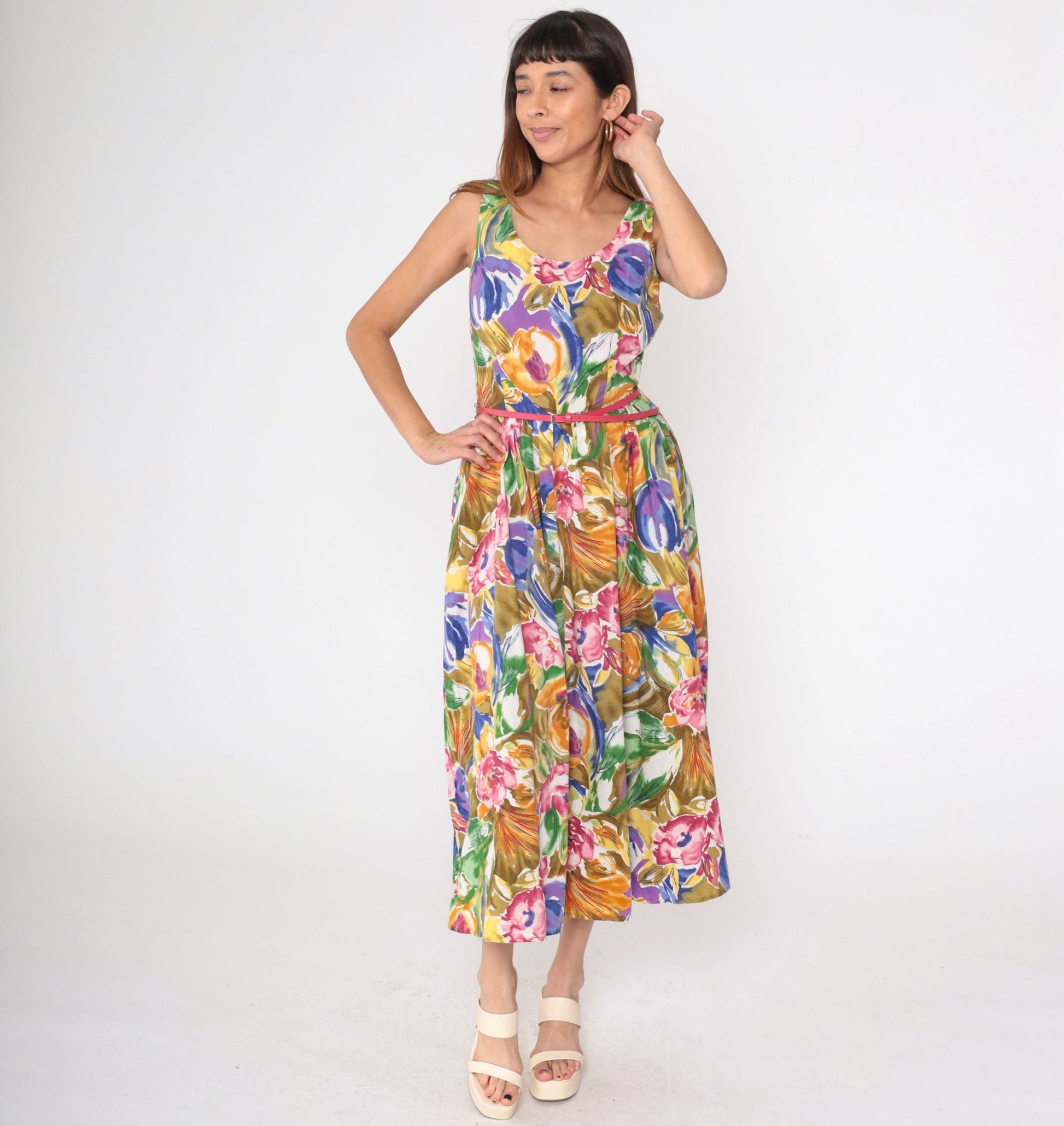 90s Banana Republic Floral Midi Dress Multicolor Sleeveless High Waist Small 6