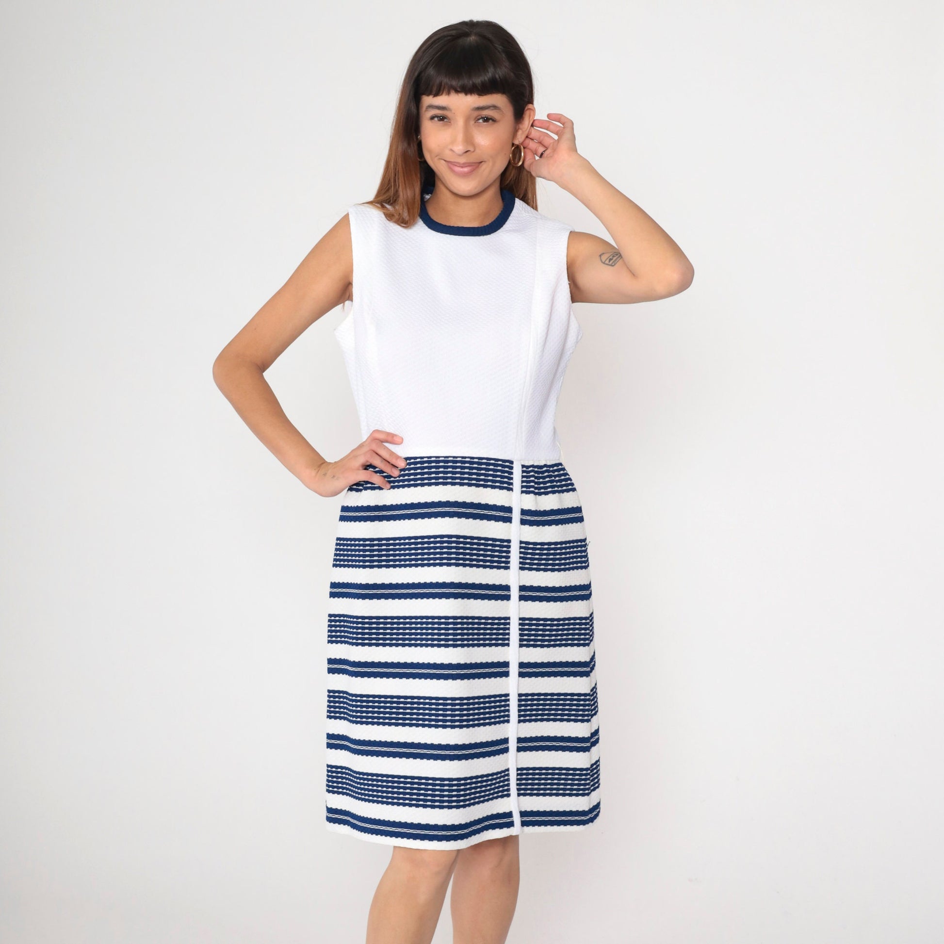60s Kay Windsor Striped A-Line Dress Navy White Knee-Length Sleeveless Medium