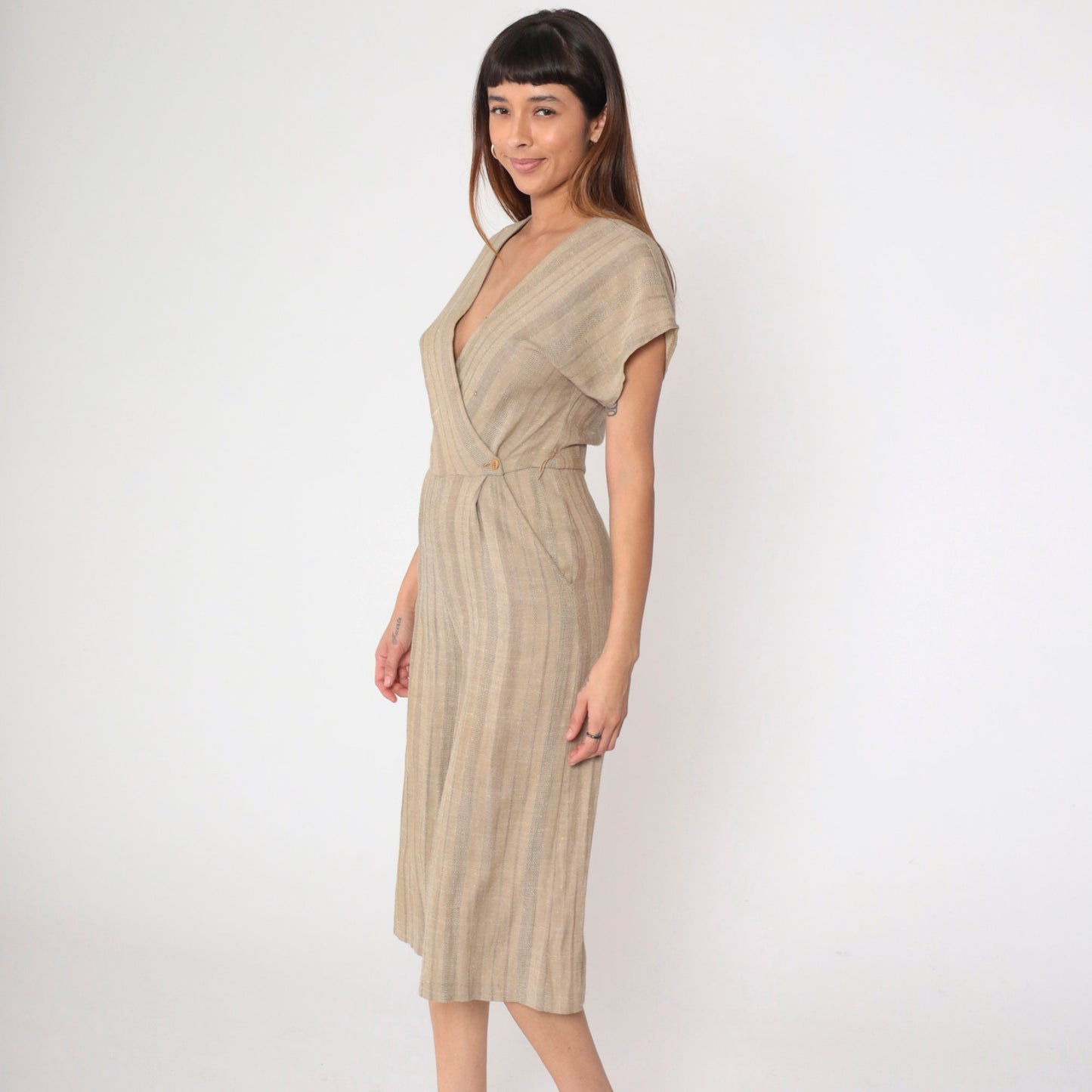 80s Pantasia Taupe Striped Wrap Jumpsuit Wide Leg V-Neck Small