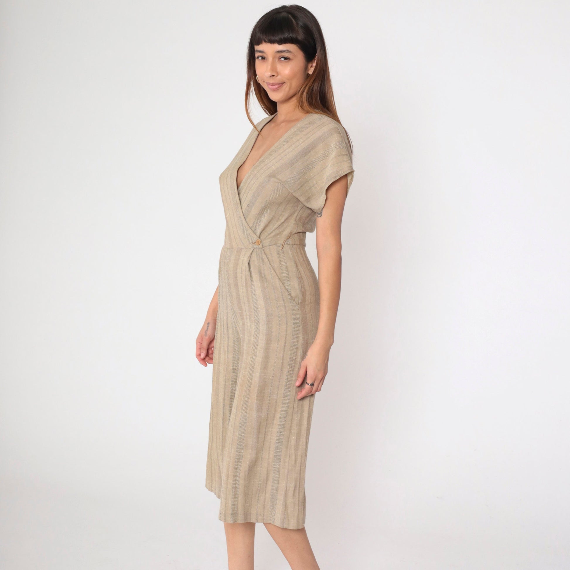 80s Pantasia Taupe Striped Wrap Jumpsuit Wide Leg V-Neck Small
