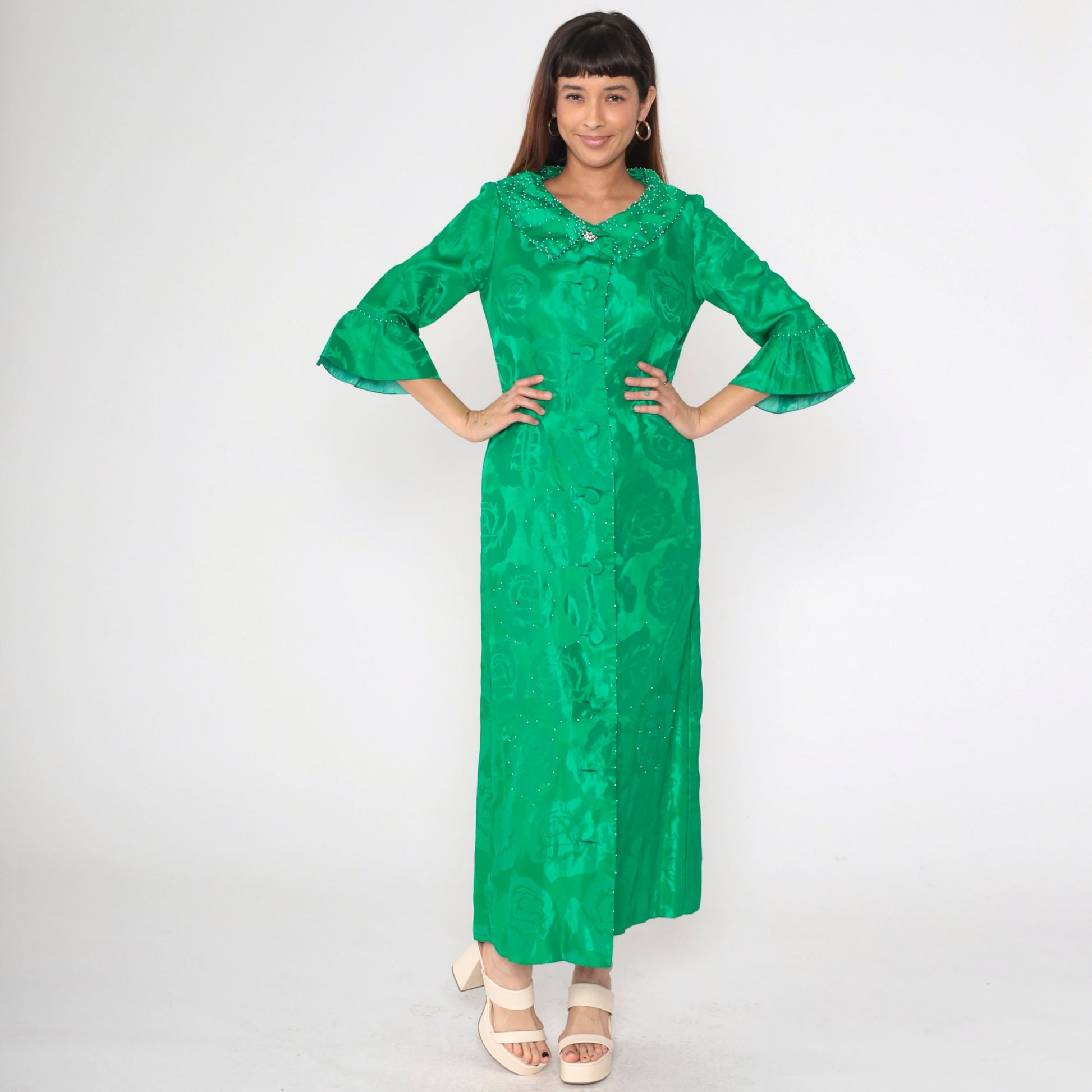 60s Alice of California Green Jacquard Floral Maxi Dress Pearl Beaded Peter Pan Collar Small