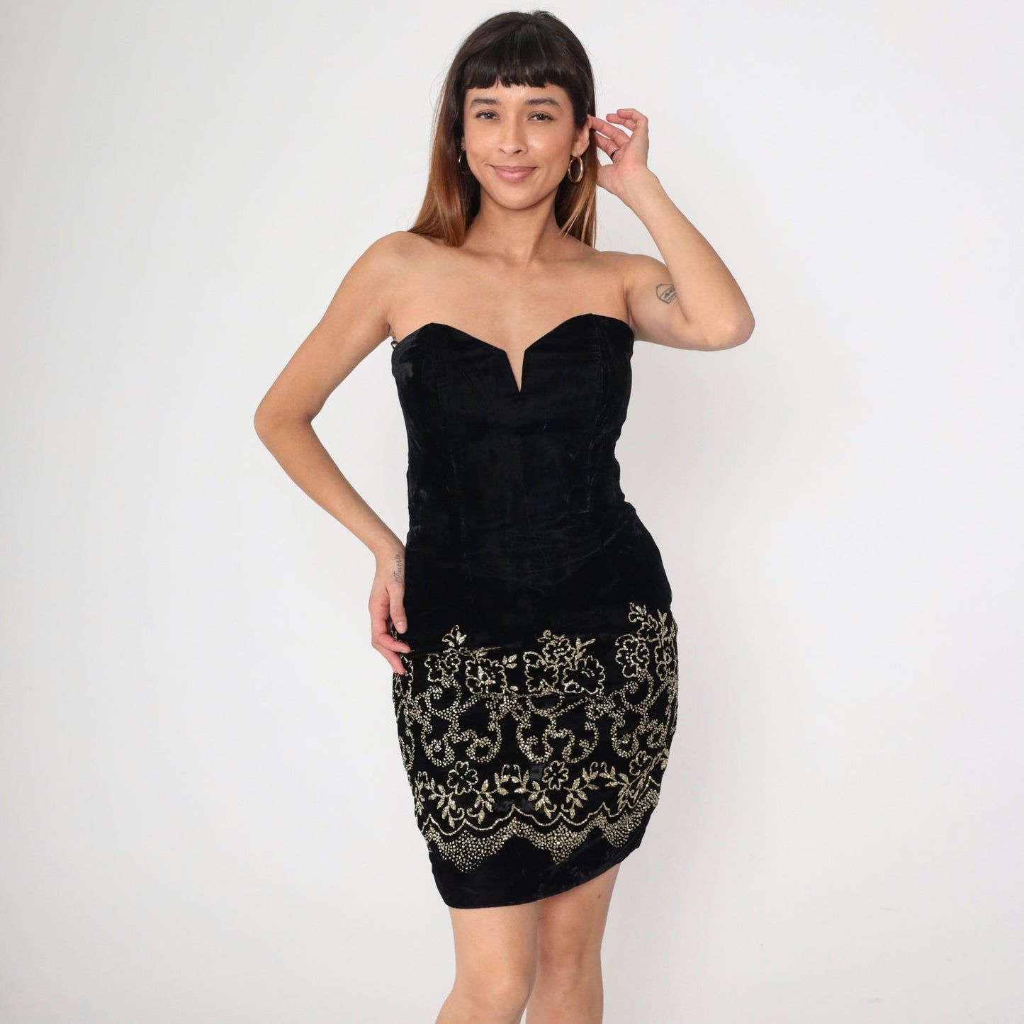 80s Scott McClintock Black Velvet Mini Dress Strapless Sweetheart Neckline Gold Floral Medium