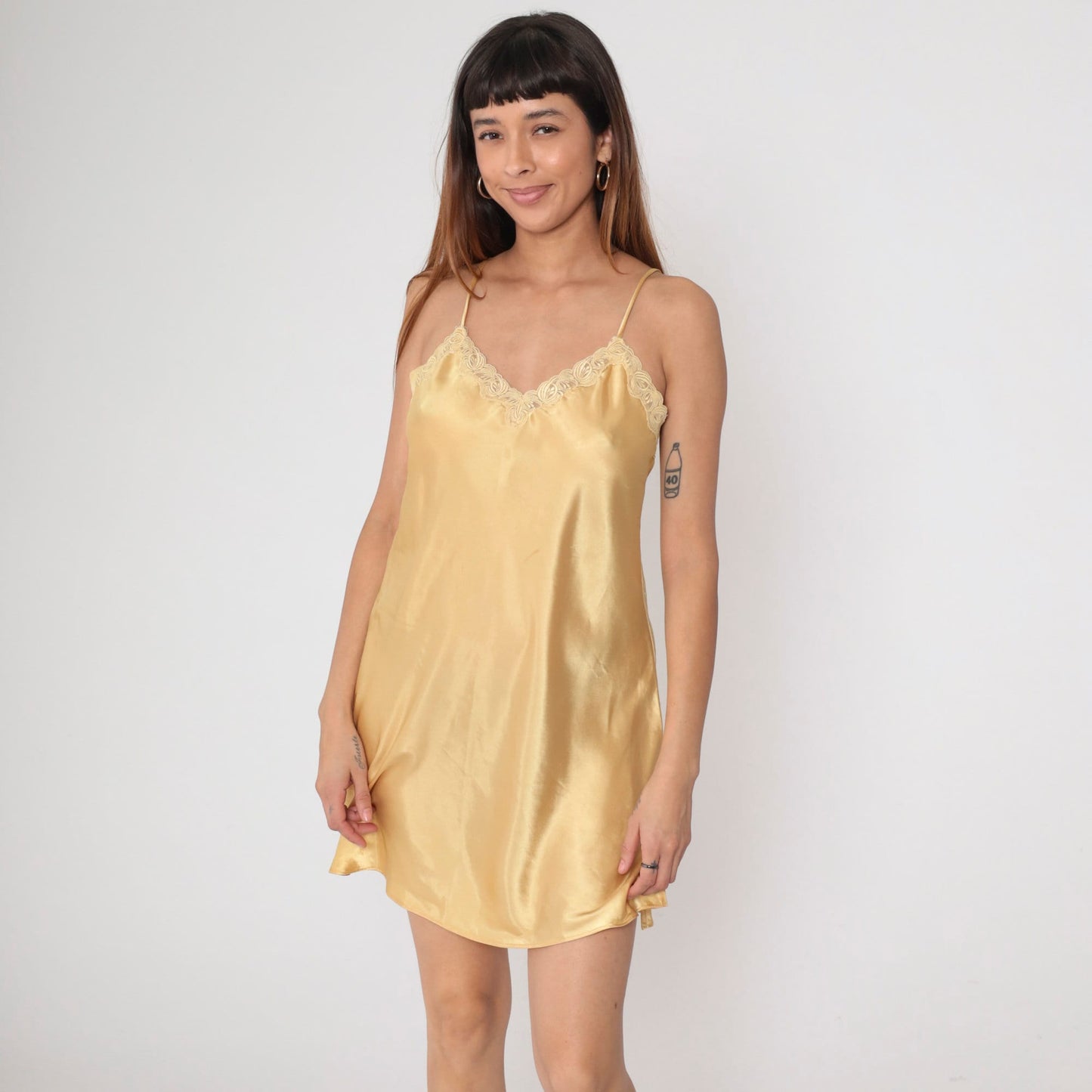 90s Gold Satin Slip Dress Lace Trim Spaghetti Strap Mini Chemise Small