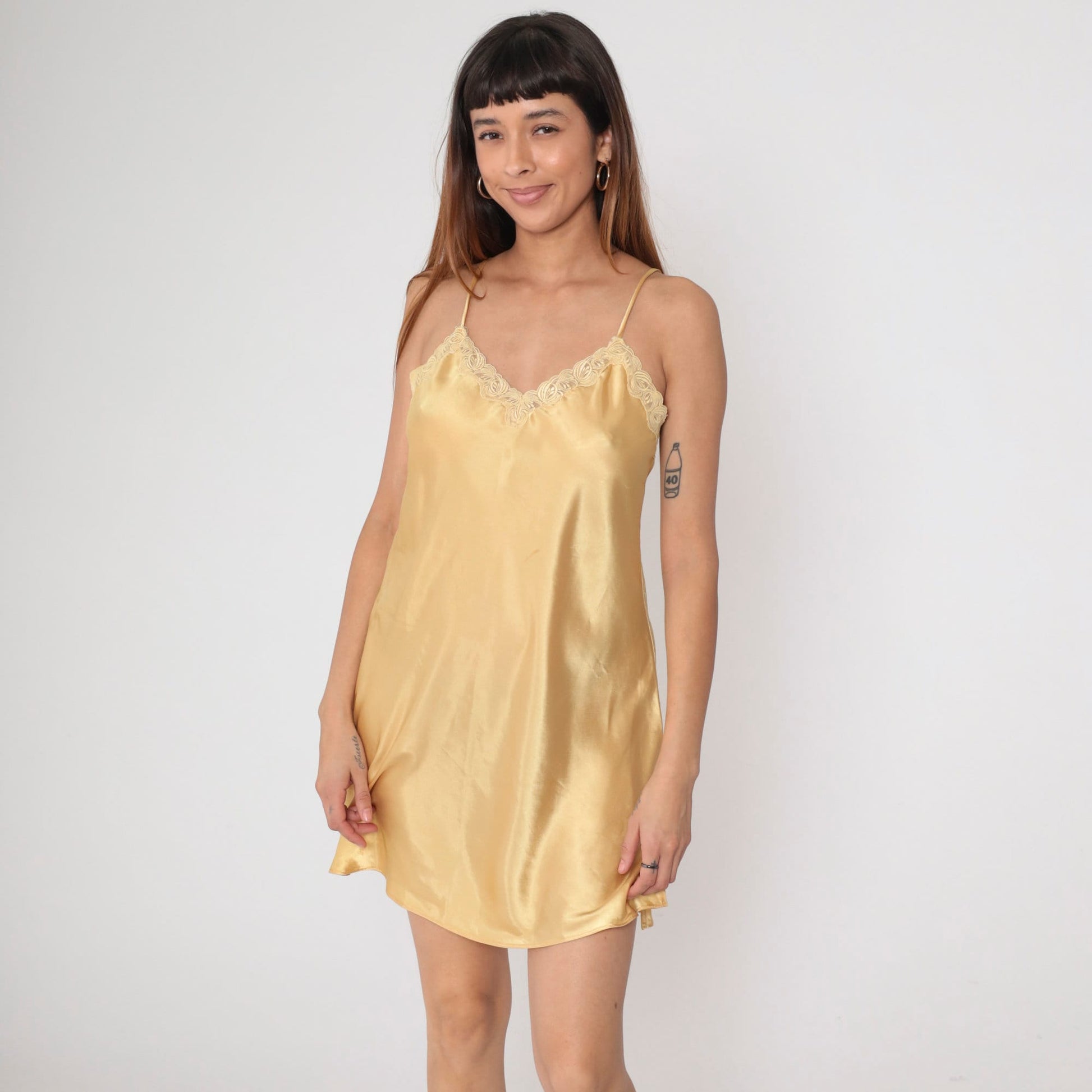 90s Gold Satin Slip Dress Lace Trim Spaghetti Strap Mini Chemise Small